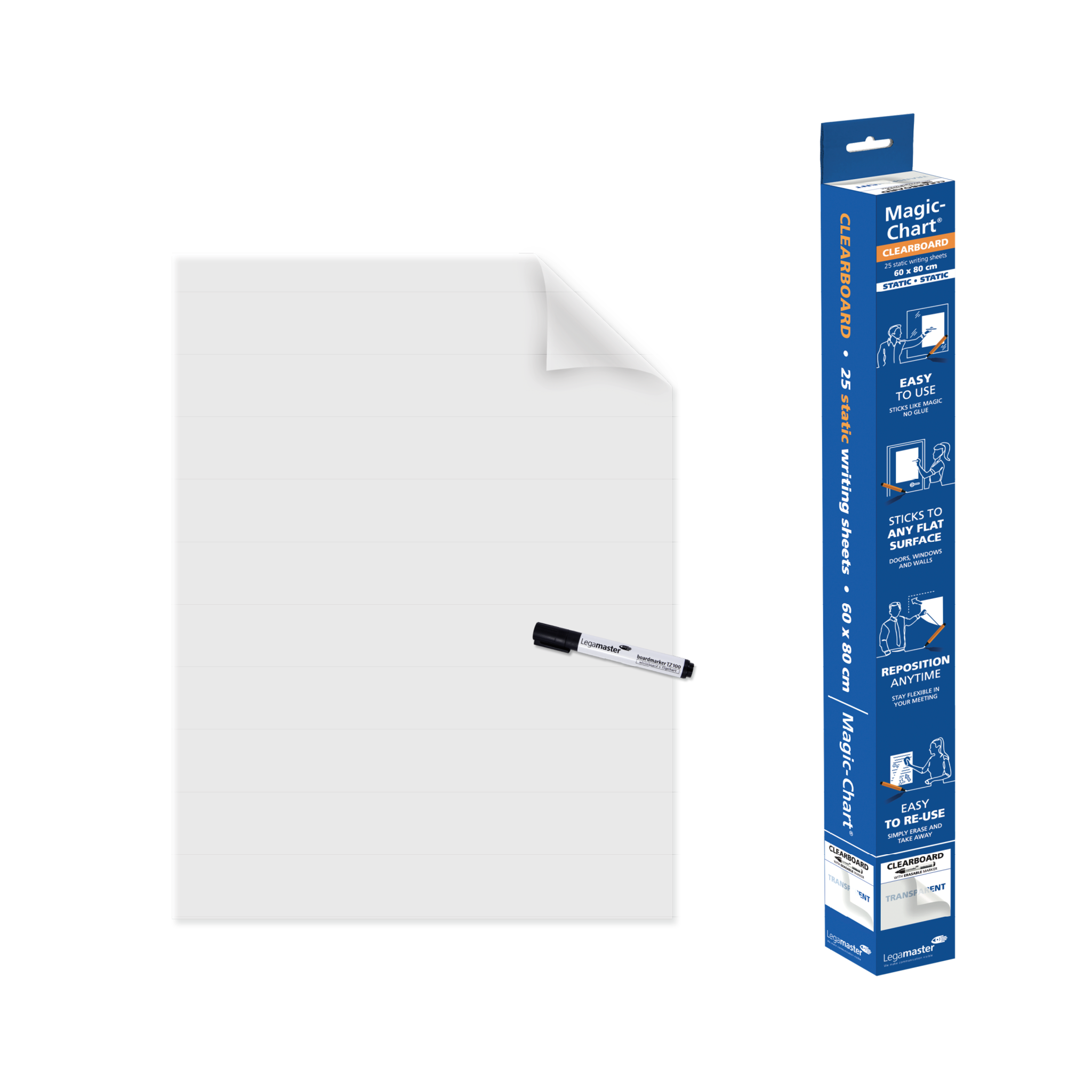 Ein Block mit großen, leeren weißen Blättern, an denen ein trocken abwischbarer Marker befestigt ist. Rechts ist die Verpackungsschachtel mit Bildern und Text zu sehen, die die Eigenschaften der Legamaster Magic-Chart Clearboard Folie beschreiben, wie z. B. die einfache Handhabung, das Anhaften an jeder Oberfläche und die Möglichkeit, sie nach Gebrauch neu zu positionieren.