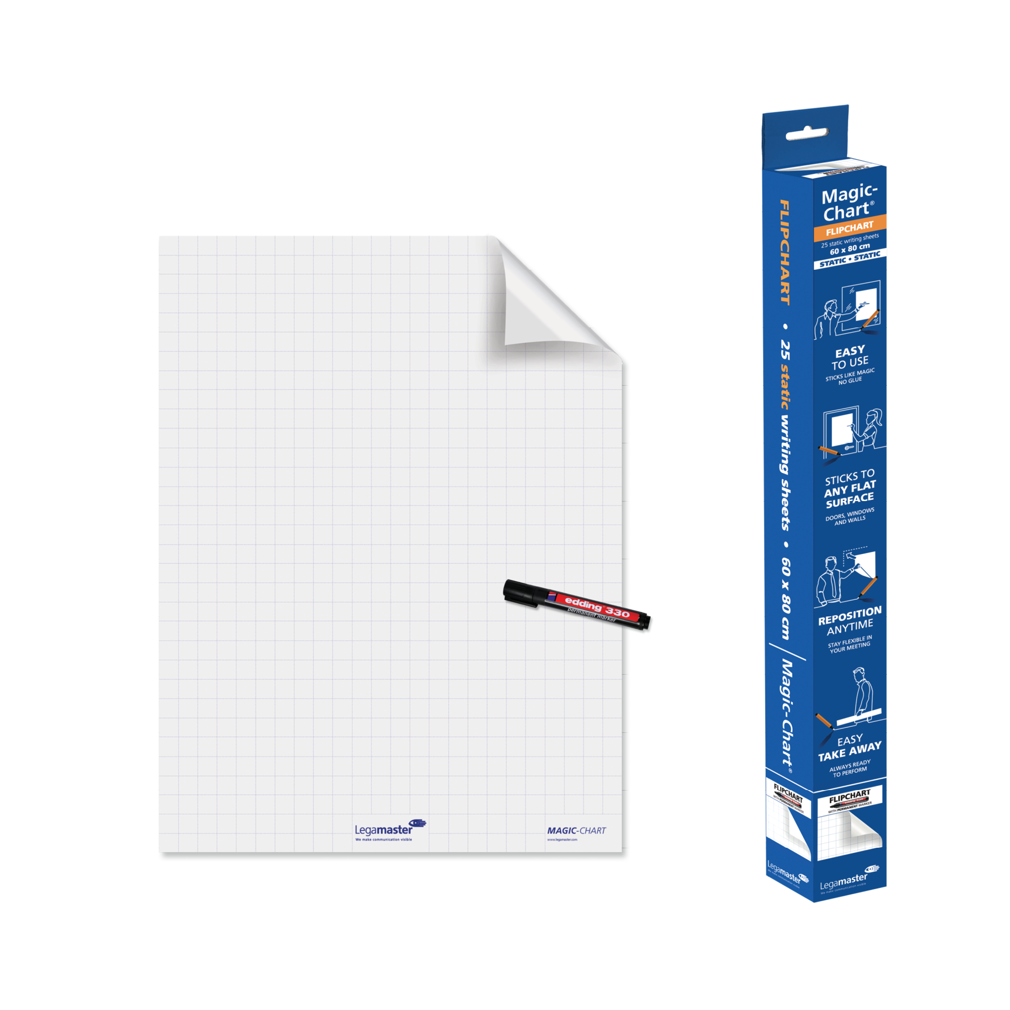 Das Legamaster Magic-Chart Flipchart Folie-Schreibset enthält ein kariertes Schreibblatt mit einer abziehbaren Ecke und einem daran befestigten schwarzen Marker. Daneben ist die Verpackung abgebildet, die Merkmale wie Benutzerfreundlichkeit, Haftung auf Oberflächen, Neupositionierbarkeit und einfaches Entfernen hervorhebt.
