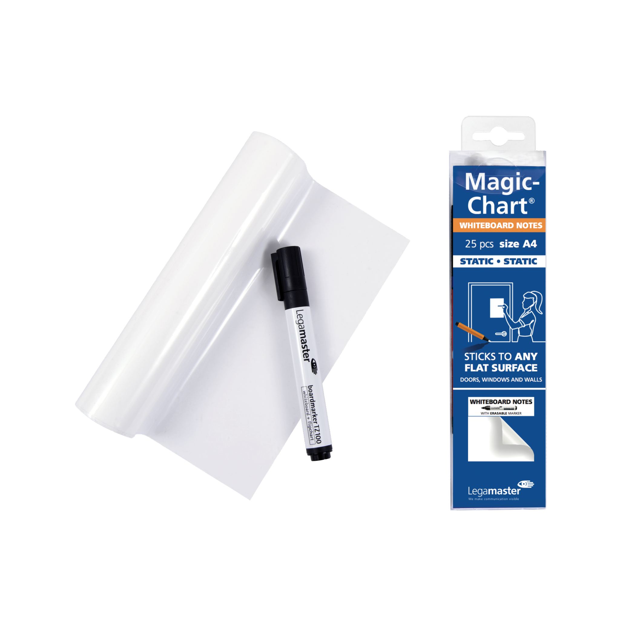 Neben der Verpackung der „Legamaster Magic-Chart notes Whiteboard Folie A4“ sind eine Rolle transparenter Whiteboard-Notizen und ein schwarzer Whiteboard-Marker abgebildet. Auf der Verpackung steht, dass sie 25 Stück statische Notizzettel im A4-Format enthält, die durch statische Elektrizität auf jeder flachen Oberfläche haften.