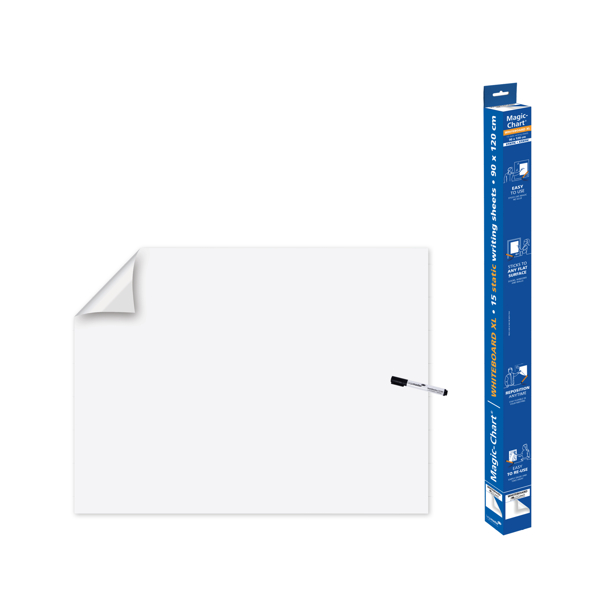 Bild eines Legamaster Magic-Chart Whiteboard-Foliensets. Das Set enthält eine ausgerollte Whiteboard-Folie mit schwarzem Rand, einen trocken abwischbaren Marker darauf und eine große blaue Box daneben mit Produktdetails und Markenbezeichnung in deutscher Sprache, die die statischen Schreibblätter zur einfachen Verwendung hervorhebt.