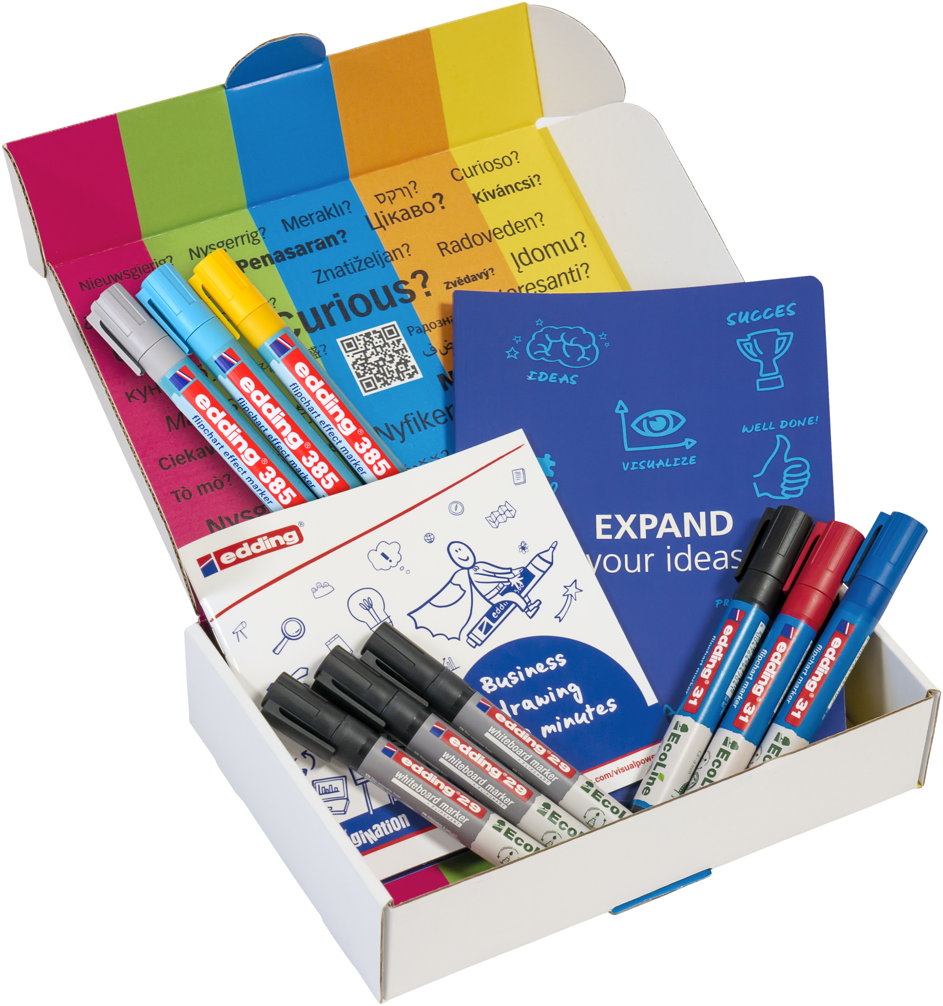 Die PLAYROOM ESSENTIALS Kreativbox Visualisierung von Playroom enthält bunte Stifte, ein blaues "EXPAND your ideas"-Notizbuch und eine mehrsprachige Grußkarte, alles übersichtlich in der Box angeordnet.