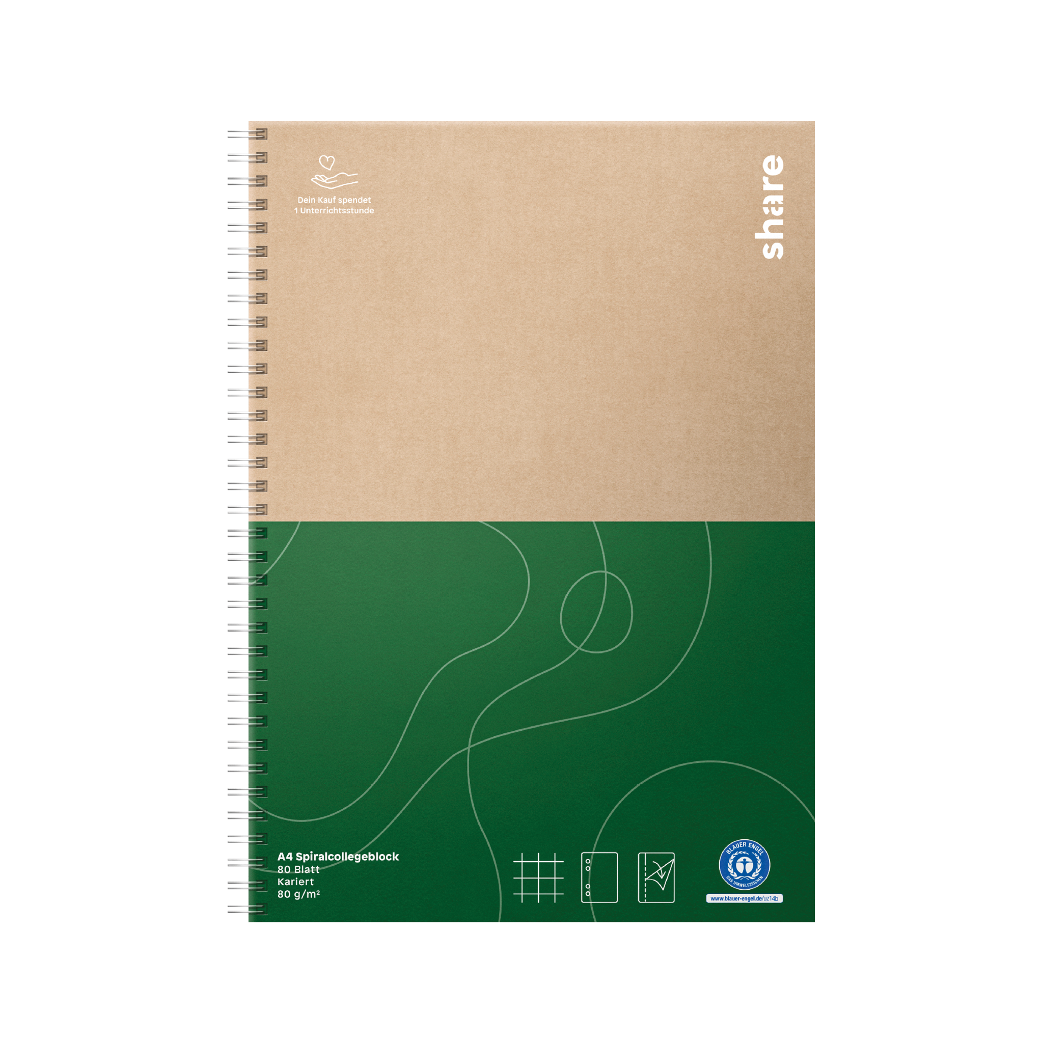 Ein Share Spiral-Collegeblock mit einem grünen und braunen Einband, der abstrakte Linienkunst zeigt und mit Elementen für nachhaltigen Konsum versehen ist.