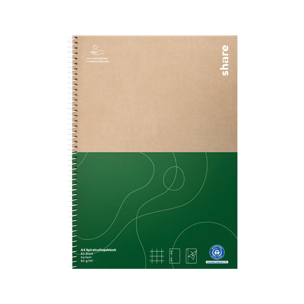 The share Spiral-Collegeblock features a brown and green cover with a white logo and text on the brown top, abstract lines on the green bottom, is made from "recyceltes Papier," includes sustainability icons, size specs, and is "Blauer Engel" certified.