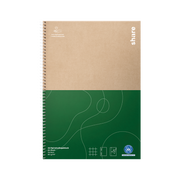 The share Spiral-Collegeblock features a brown and green cover with a white logo and text on the brown top, abstract lines on the green bottom, is made from "recyceltes Papier," includes sustainability icons, size specs, and is "Blauer Engel" certified.