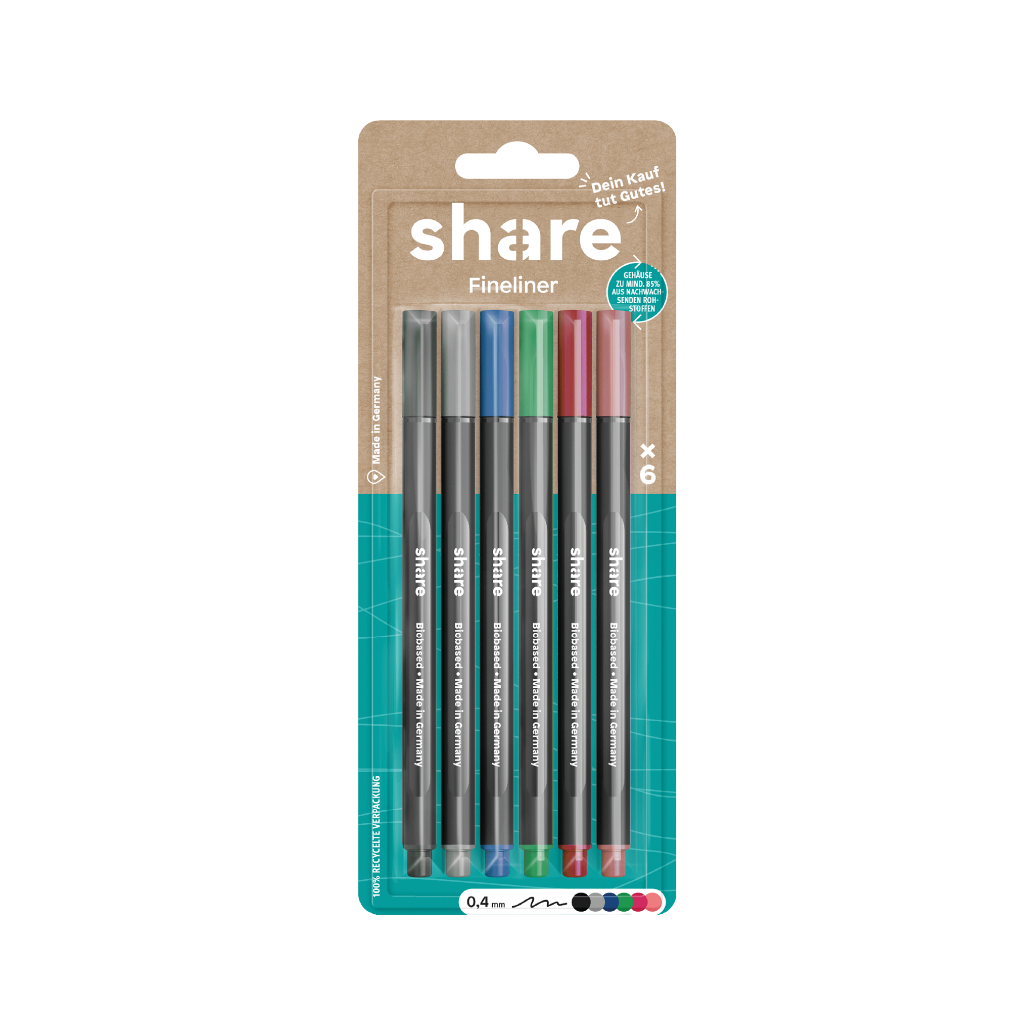 Eine Packung mit sechs Share-Fineliner-Stiften in verschiedenen Farben mit einer 0,4-mm-Spitze, präsentiert in einer umweltfreundlichen Verpackung.