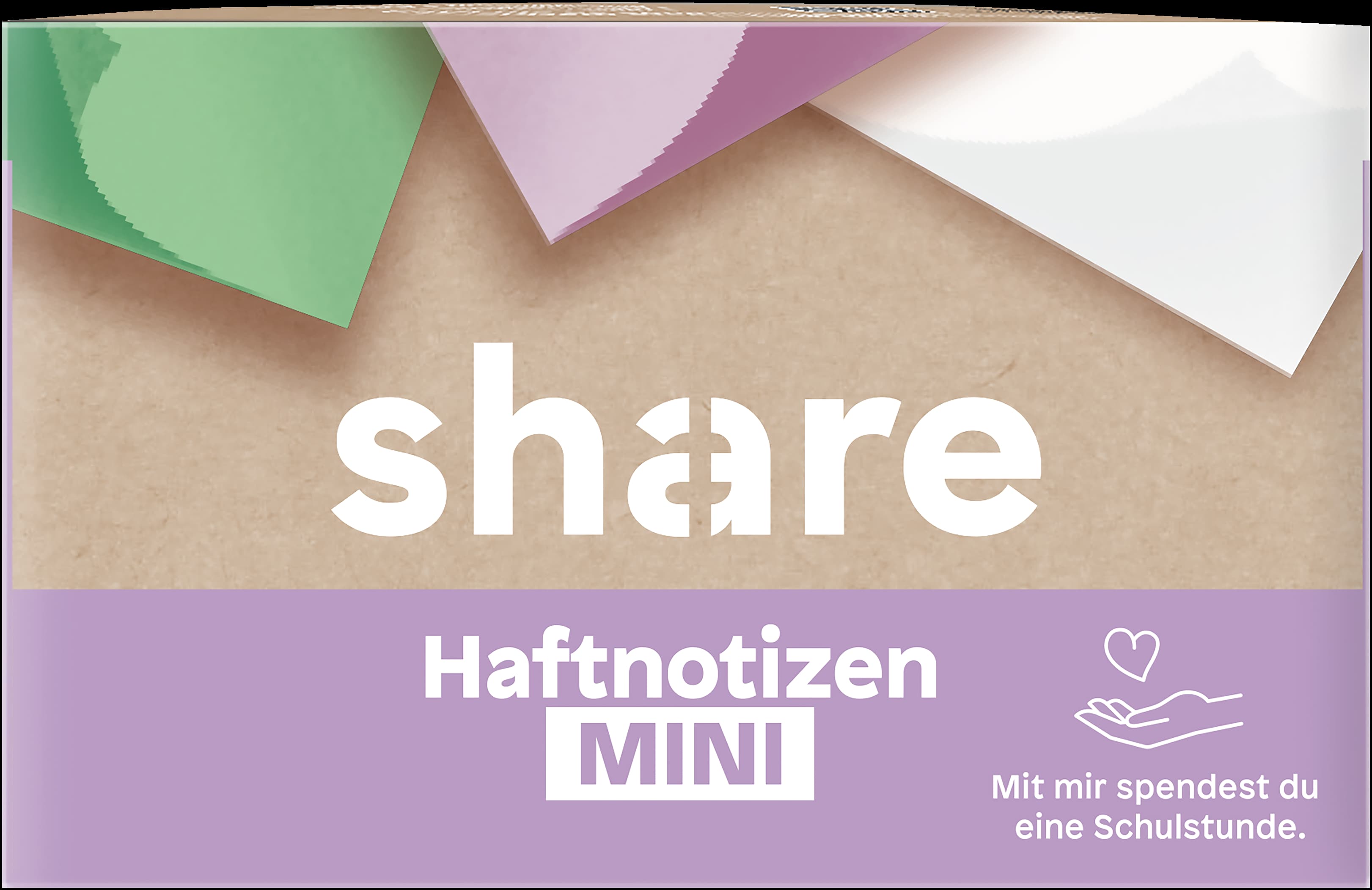 Eine Packung „share“ Haftnotizen Mini, die hervorhebt, dass es sich um ein hochwertiges Markenprodukt aus Deutschland handelt und so.