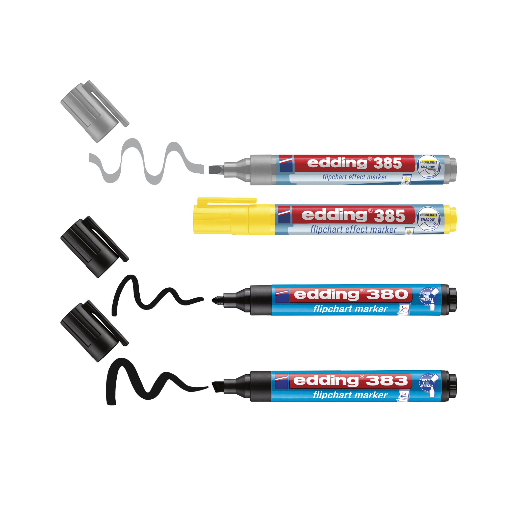 The edding Flipchartmarker 4er-Set includes markers in grey, yellow, and two black shades with caps removed to display ink colors in squiggly lines, ideal for visuelle Kommunikation on any flipchart with clear product details.