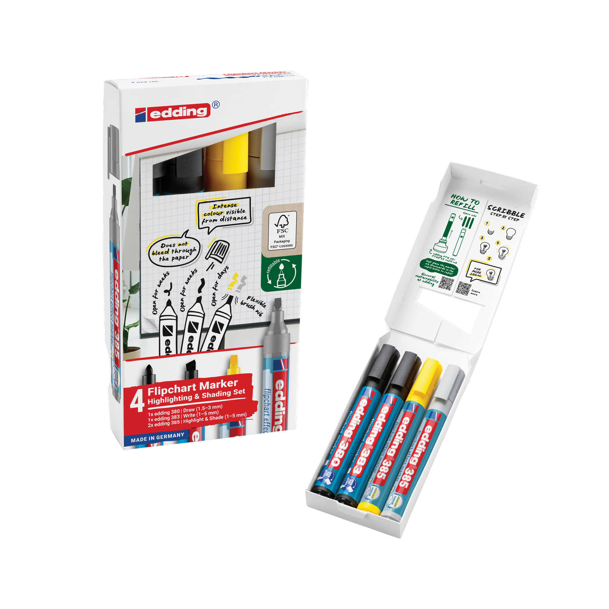 The edding Flipchartmarker 4er-Set Highlighting + Shading enhances visual communication with its vibrant colors: black, blue, red, and yellow. Displayed open on a Flipchart and labeled "made in Germany," this set is perfect for engaging presentations.