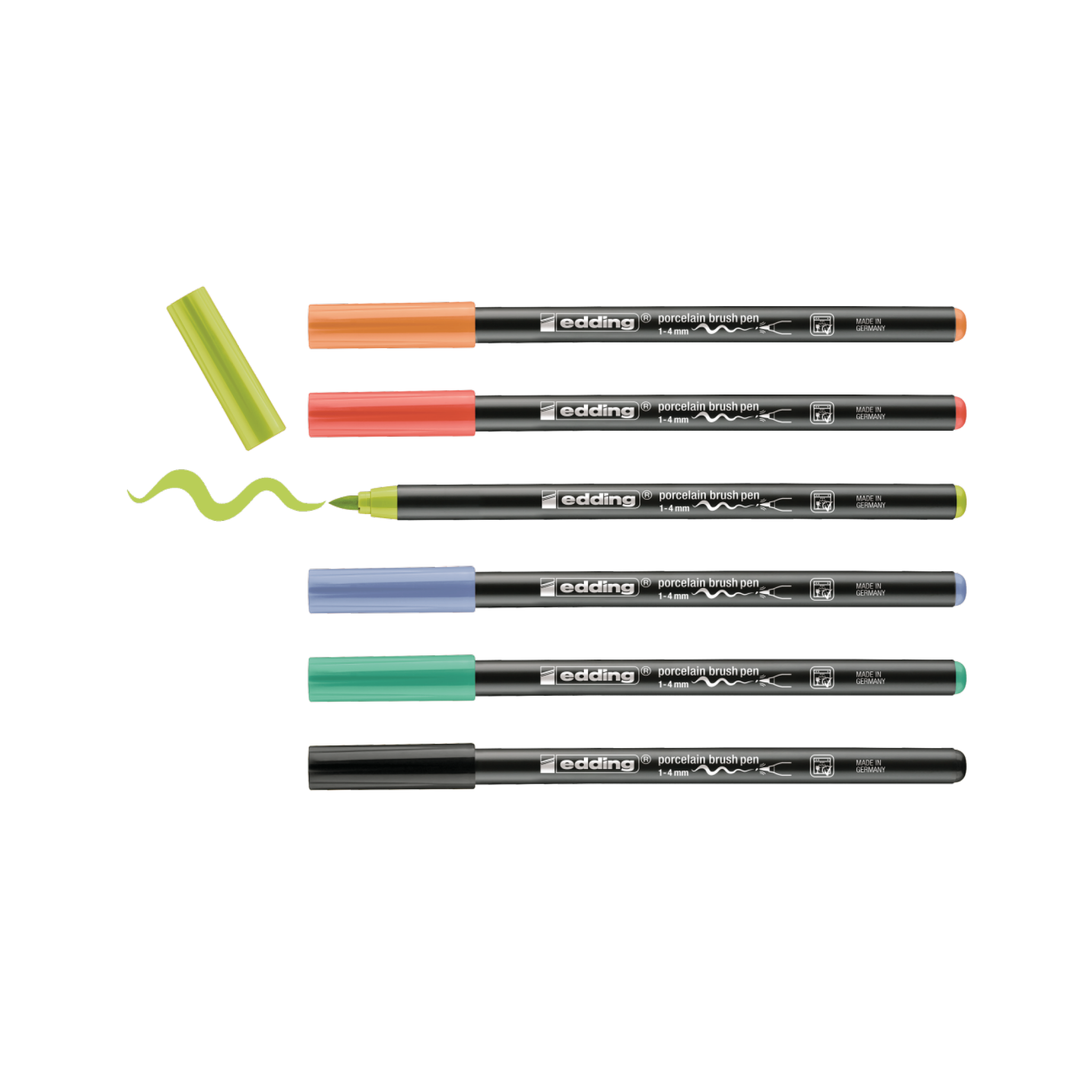 Six black edding 4200 Porzellanpinselstift pens are aligned horizontally, perfect for Keramik bemalen. The vibrant caps in orange, red, blue, light green, green, and blue shine brightly. One cap is removed to reveal a lime green line, showcasing the set's versatility.