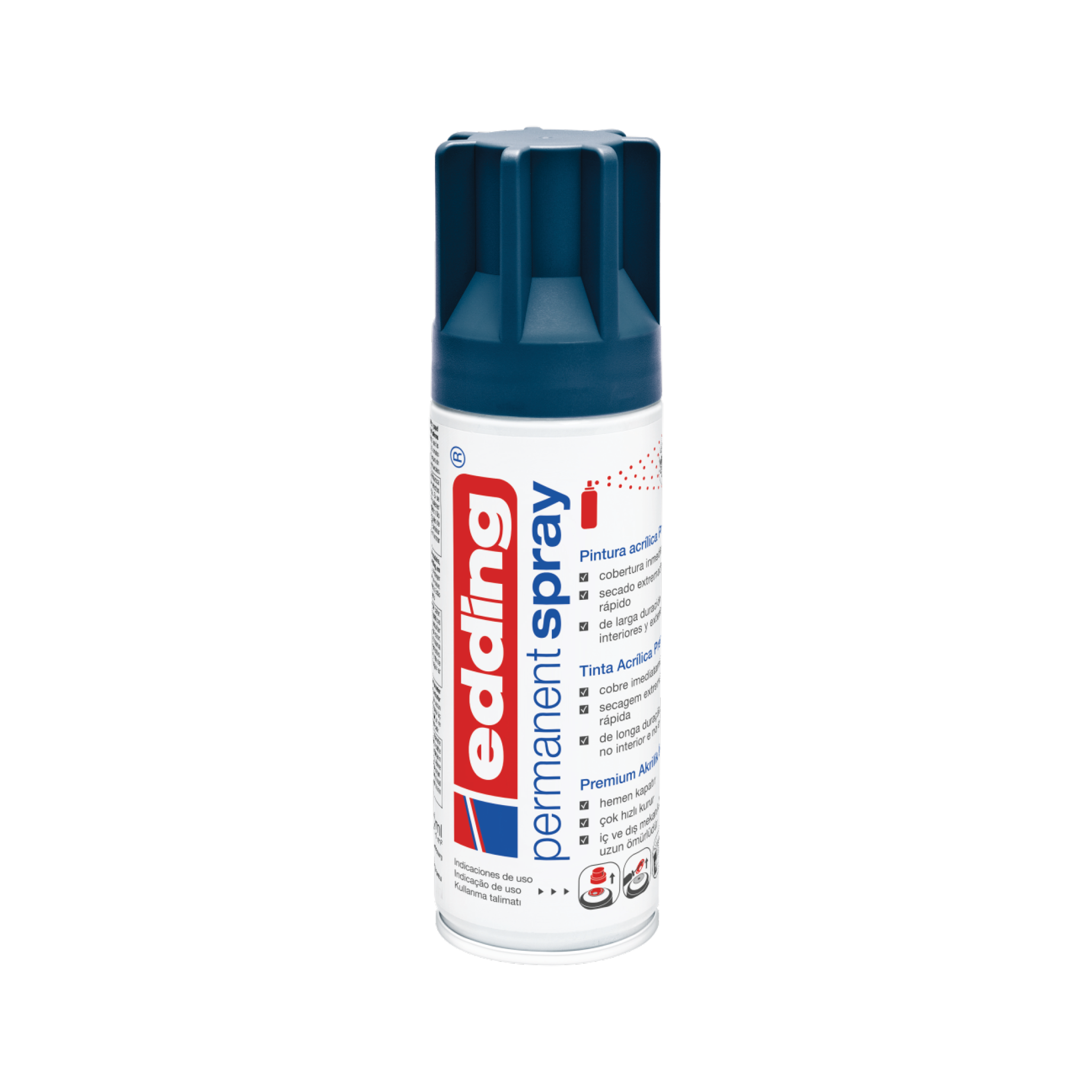 Eine Dose Spezial-Kontakt-Sprühfarbe edding 5200 Permanentspray Acryllack Neon & Kräftige Farben mit blau-weißem Design und Text, der Verwendungszweck und Eigenschaften angibt, einschließlich Neonfarben Acryllack-Spray.