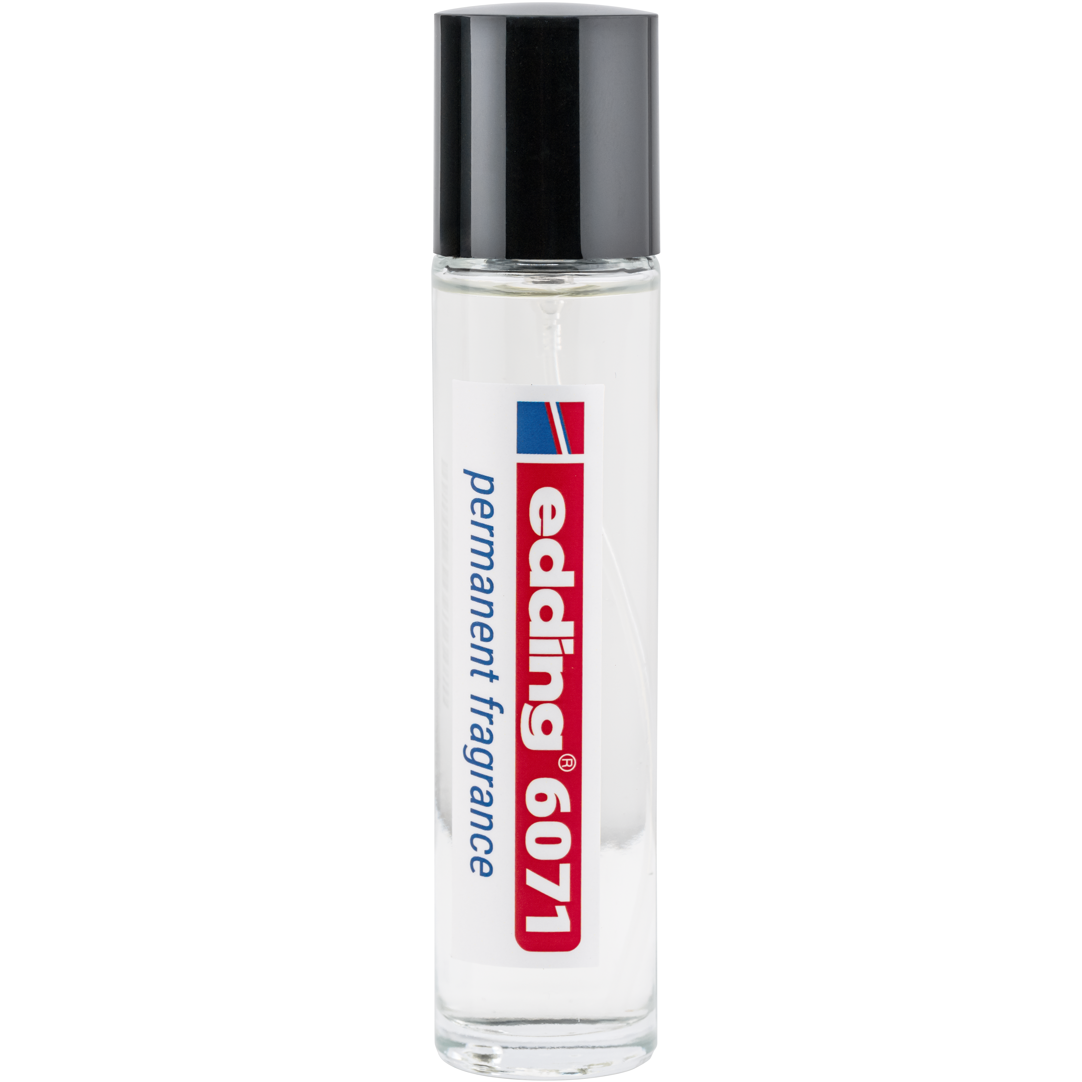 Ein klarer Glasflakon mit schwarzer Kappe und der Aufschrift "edding 6071 permanent fragrance" von edding - ideal für Fans von edding Parfums oder Düften in Stiftform.