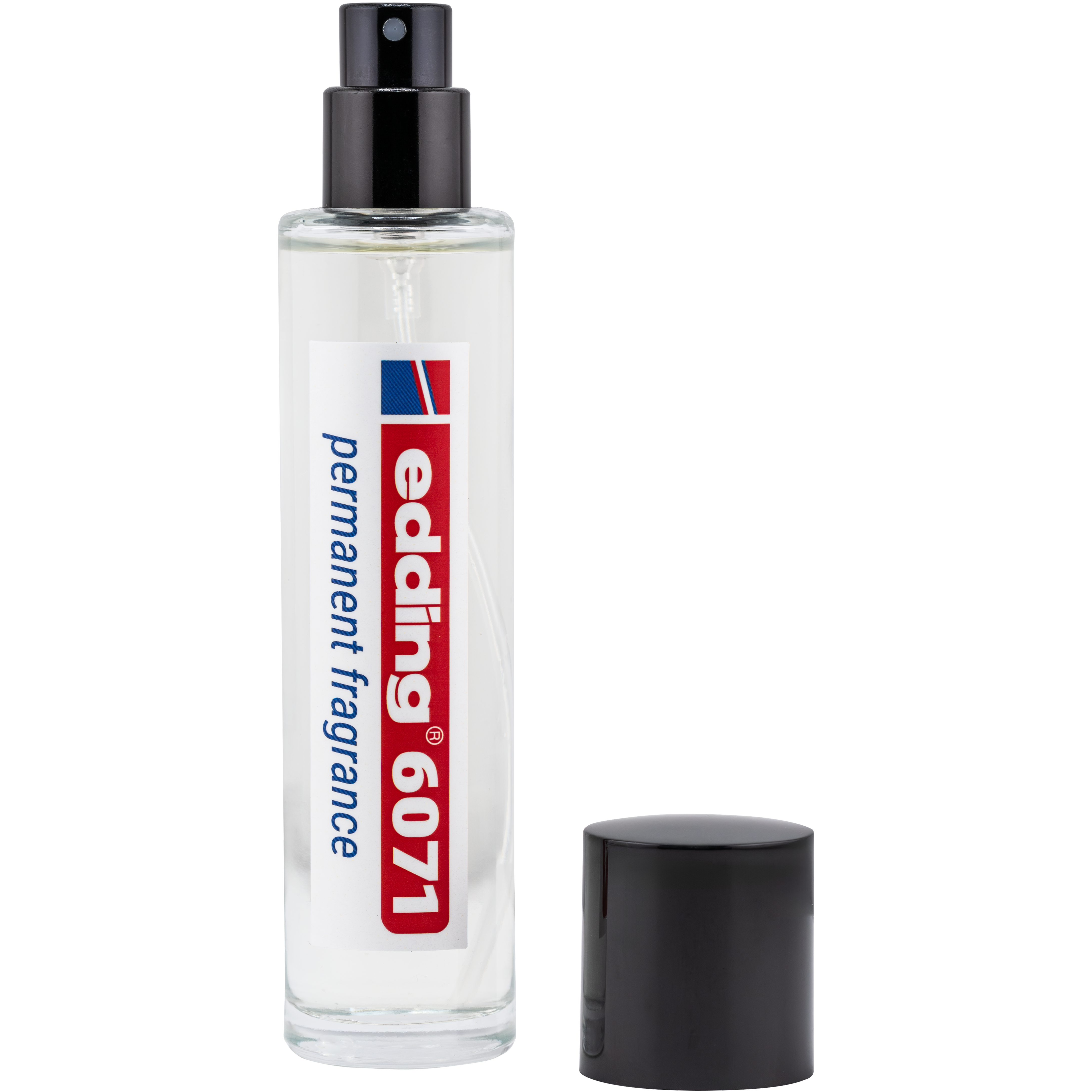 Ein transparenter Sprühflakon mit der Aufschrift edding 6071 permanent fragrance" von edding, daneben eine schwarze Düse und Kappe auf weißem Grund - ideal für alle, die den lang anhaltenden Duft von edding Parfüm wünschen.