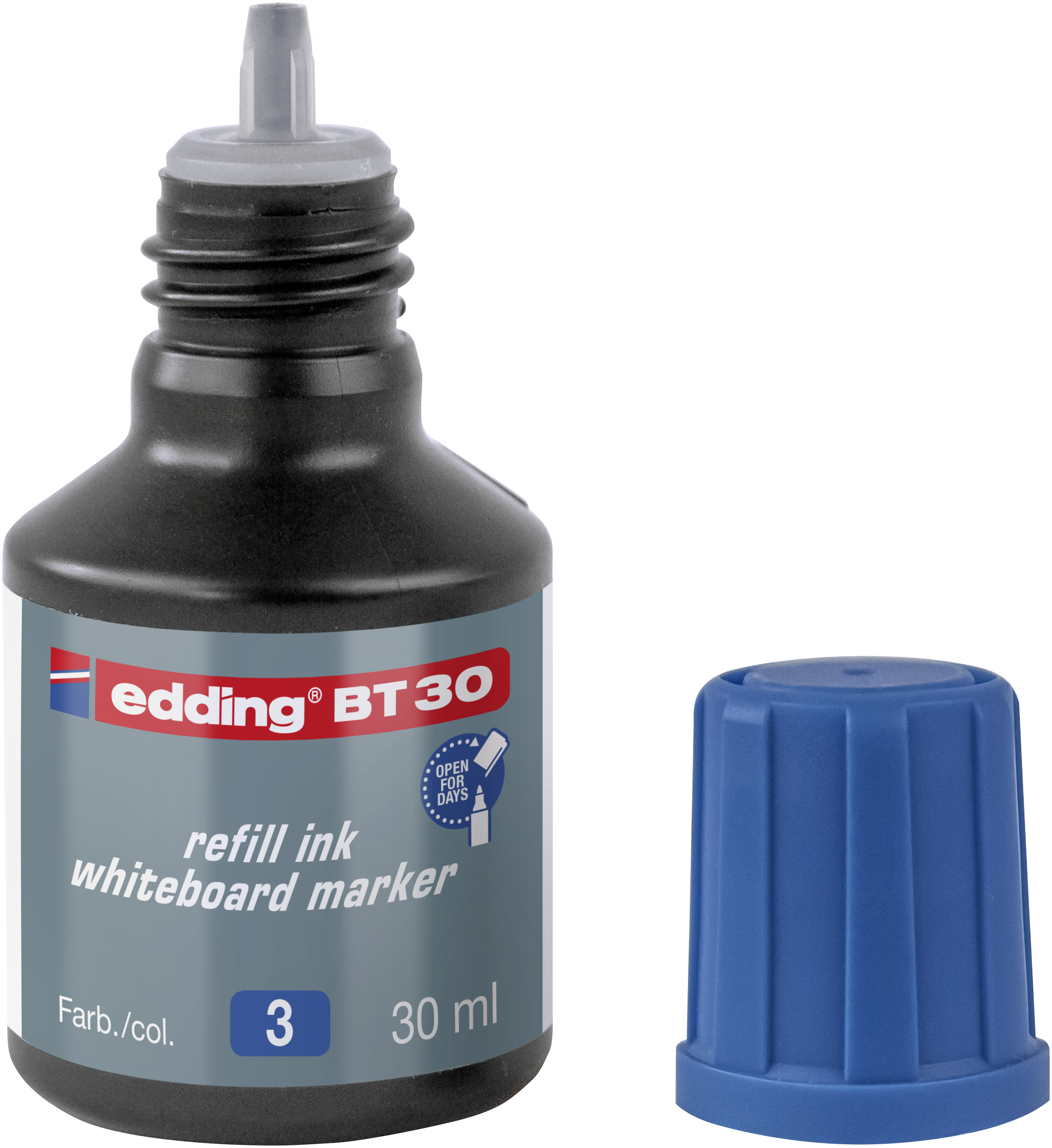 Eine 30 ml edding BT 30 Nachfülltinte Whiteboardmarker-Flasche von edding, mit grauem Etikett und blauer Kappe daneben, verfügt über einen praktischen Tropfendosierer und ist mit der Nummer 3 gekennzeichnet.