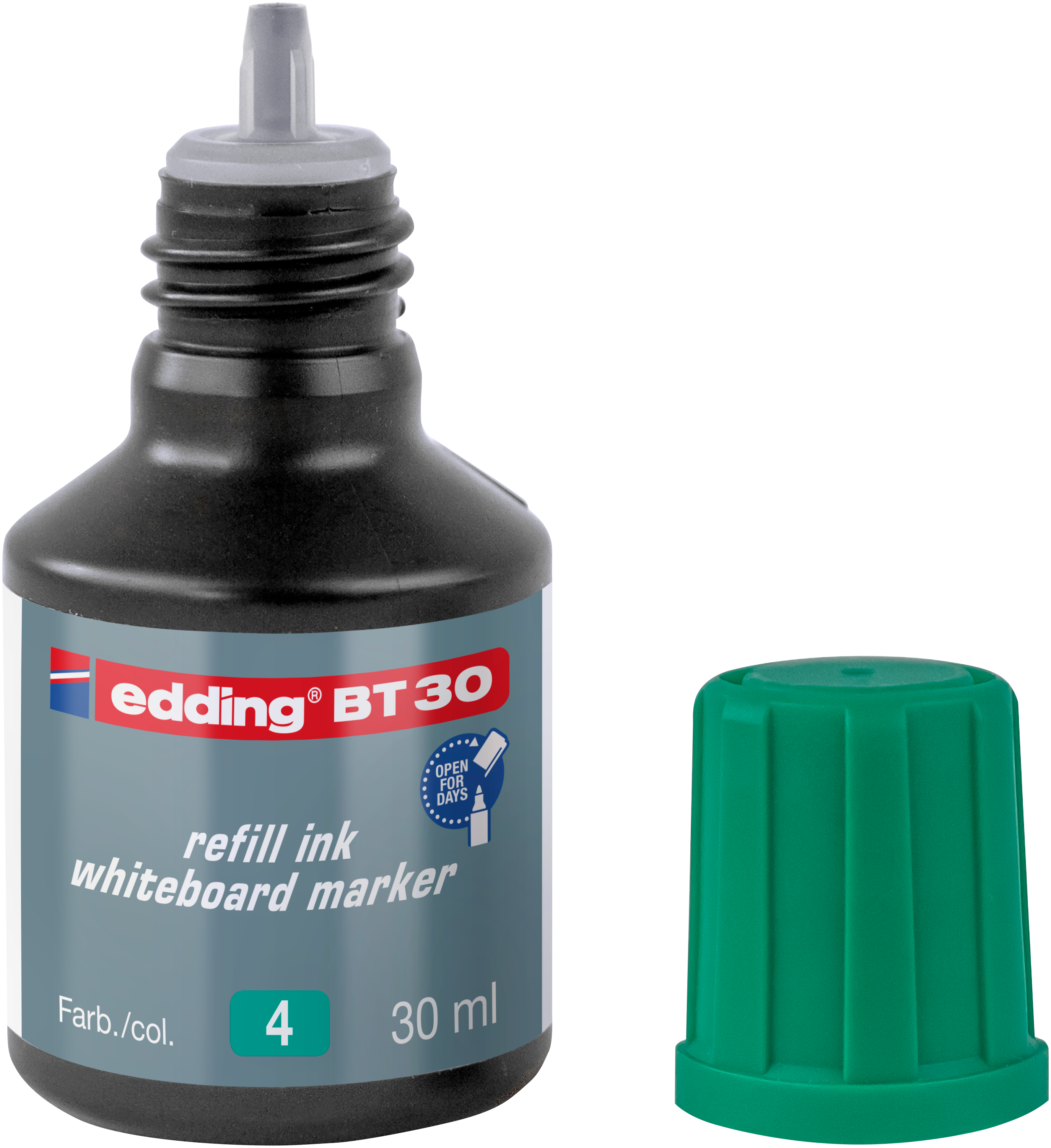 Eine 30 ml Flasche edding BT 30 Nachfülltinte Whiteboardmarker von edding, mit grünem Schraubverschluss und Tropfenspender, Farbcode 4.