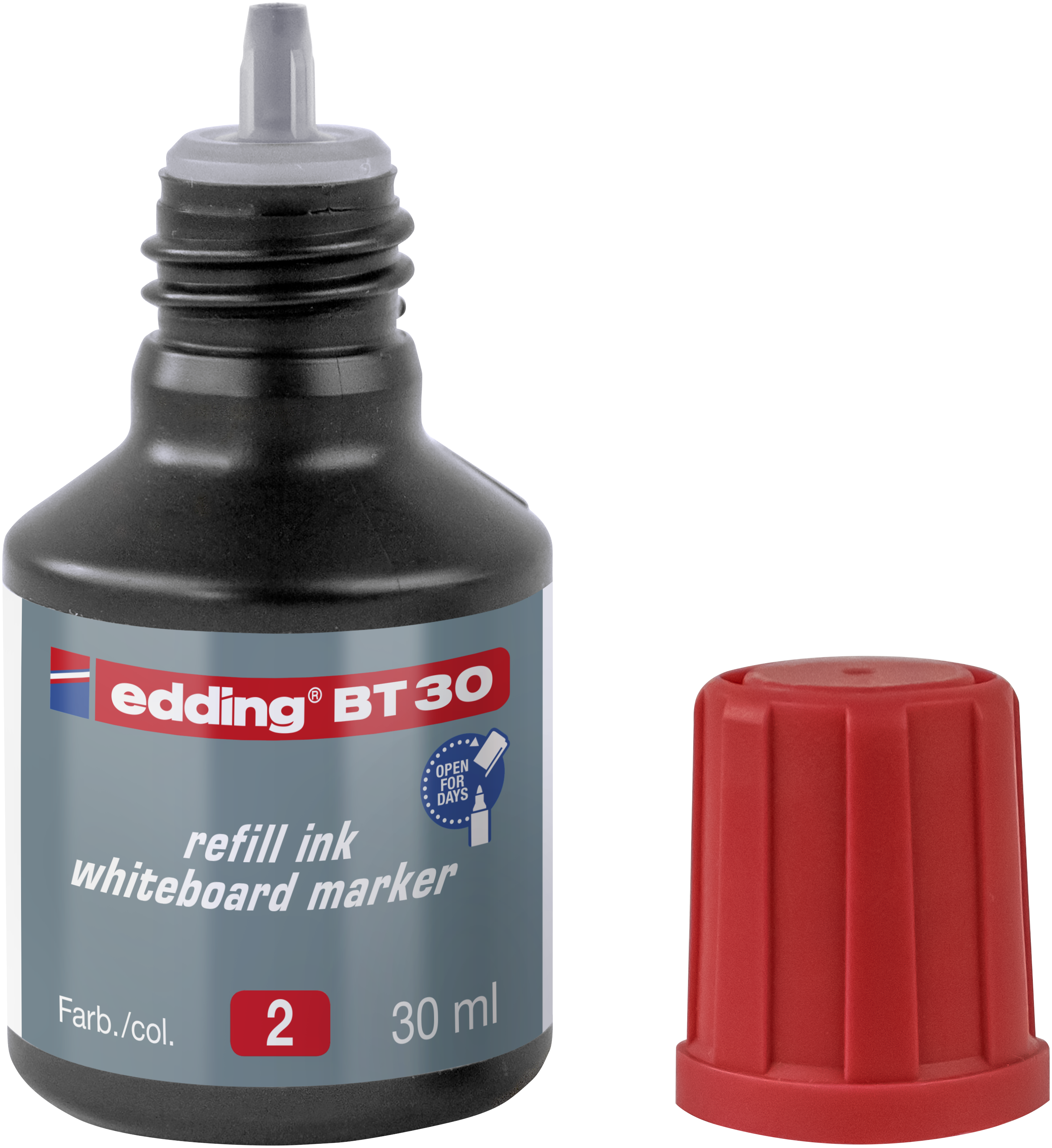 Eine graue 30-ml-Flasche edding BT 30 Nachfülltinte Whiteboardmarker von edding, mit rot-weißer Beschriftung und roter Kappe, enthält einen praktischen Tropfendosierer zum einfachen Nachfüllen.