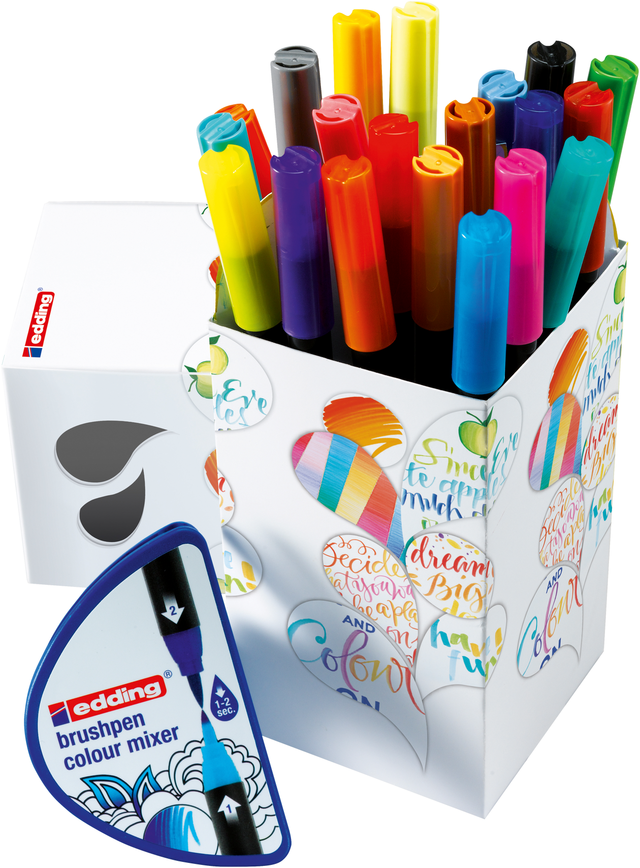 Die edding Colour Happy Box von edding beinhaltet Pinselstifte und einen Marker – perfekt zum Handlettering und Gestalten wunderschöner Farbverläufe.