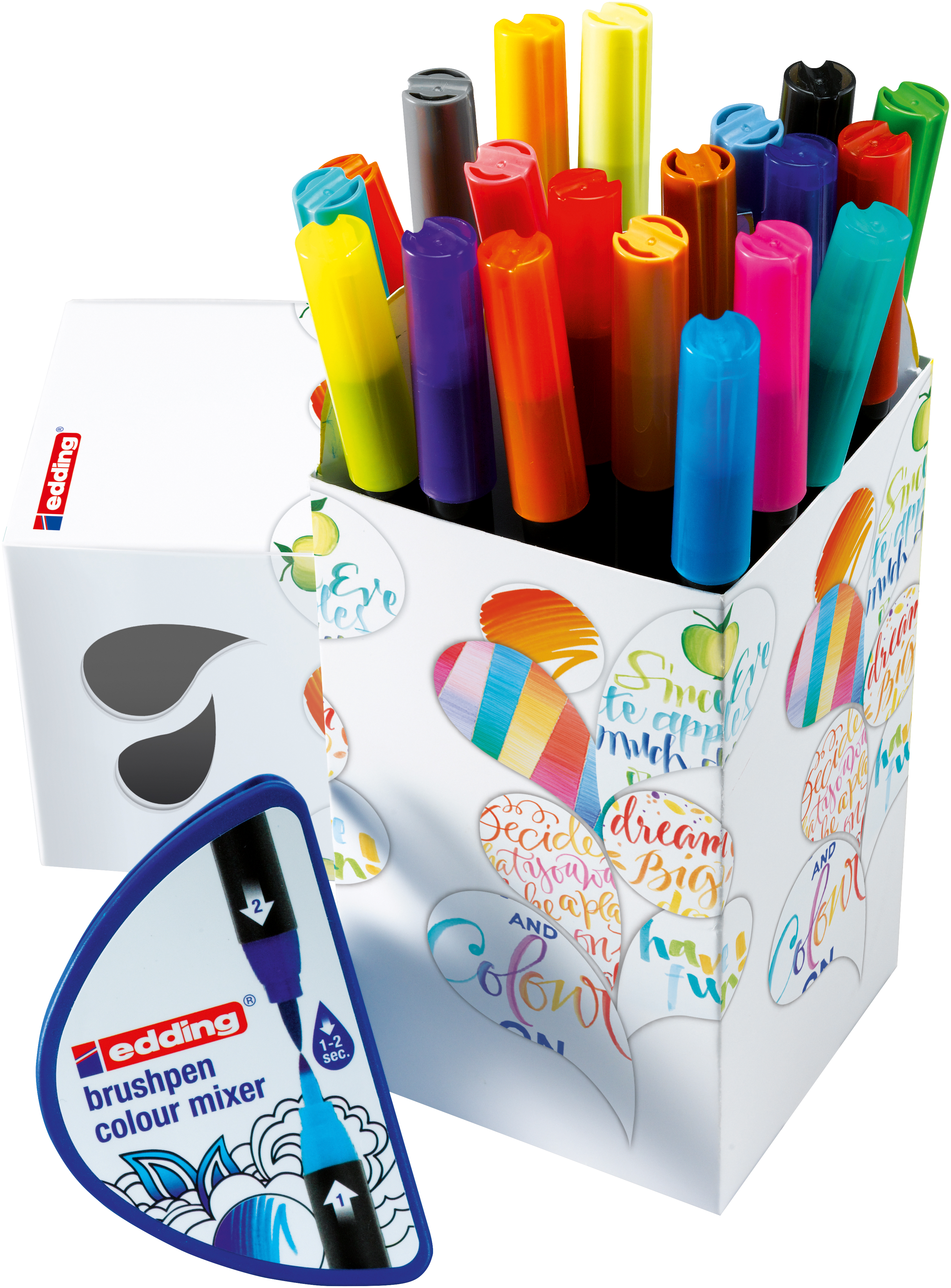 Die edding Colour Happy Box von edding beinhaltet Pinselstifte und einen Marker – perfekt zum Handlettering und Gestalten wunderschöner Farbverläufe.