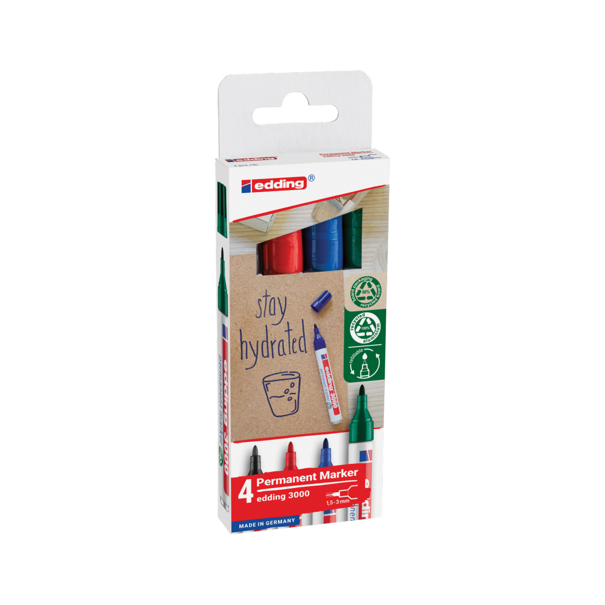 The edding 3000 Permanentmarker 4er Set features the edding logo prominently. Inside, four markers in black, blue, green, and red inspire creativity. The packaging sports a water bottle illustration with "stay hydrated" for anyone needing langlebige Markierungen.