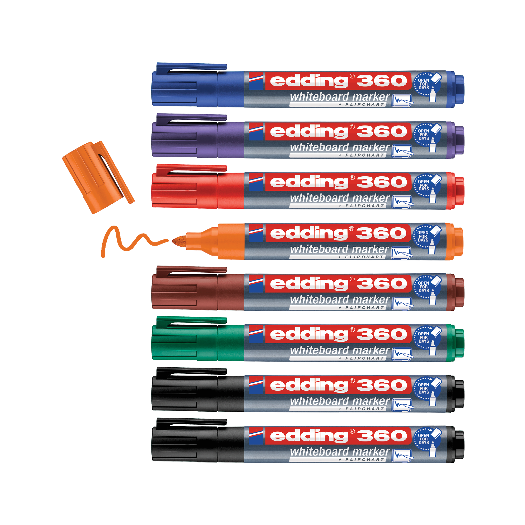 Eine Sammlung von edding 360 Whiteboardmarker-8er-Sets in Blau, Rot, Grün und Schwarz, sauber ausgerichtet, ohne Kappen und mit einem Kringel, der mit dem orangefarbenen Marker gezeichnet wurde. Jeder Marker wird von edding hergestellt.