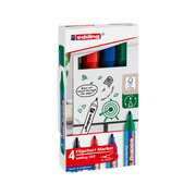 The edding 380 Flipchartmarker 4er-Set, proudly "Made in Germany," offers four vibrant colors—green, black, red, and blue. Crafted with Spezialtinte for permanence and flipchart illustrations on the box, it's ideal for impactful presentations.