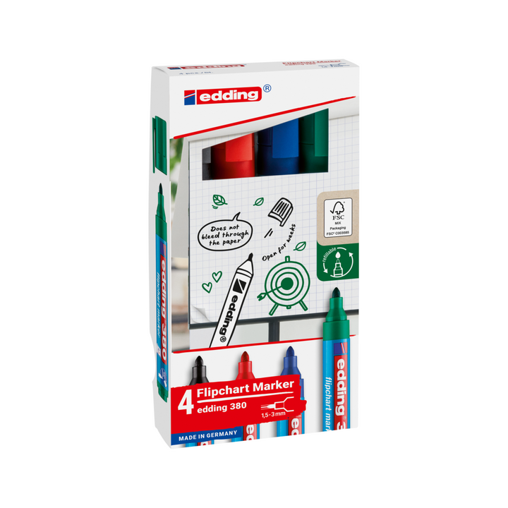 The edding 380 Flipchartmarker 4er-Set, proudly "Made in Germany," offers four vibrant colors—green, black, red, and blue. Crafted with Spezialtinte for permanence and flipchart illustrations on the box, it's ideal for impactful presentations.