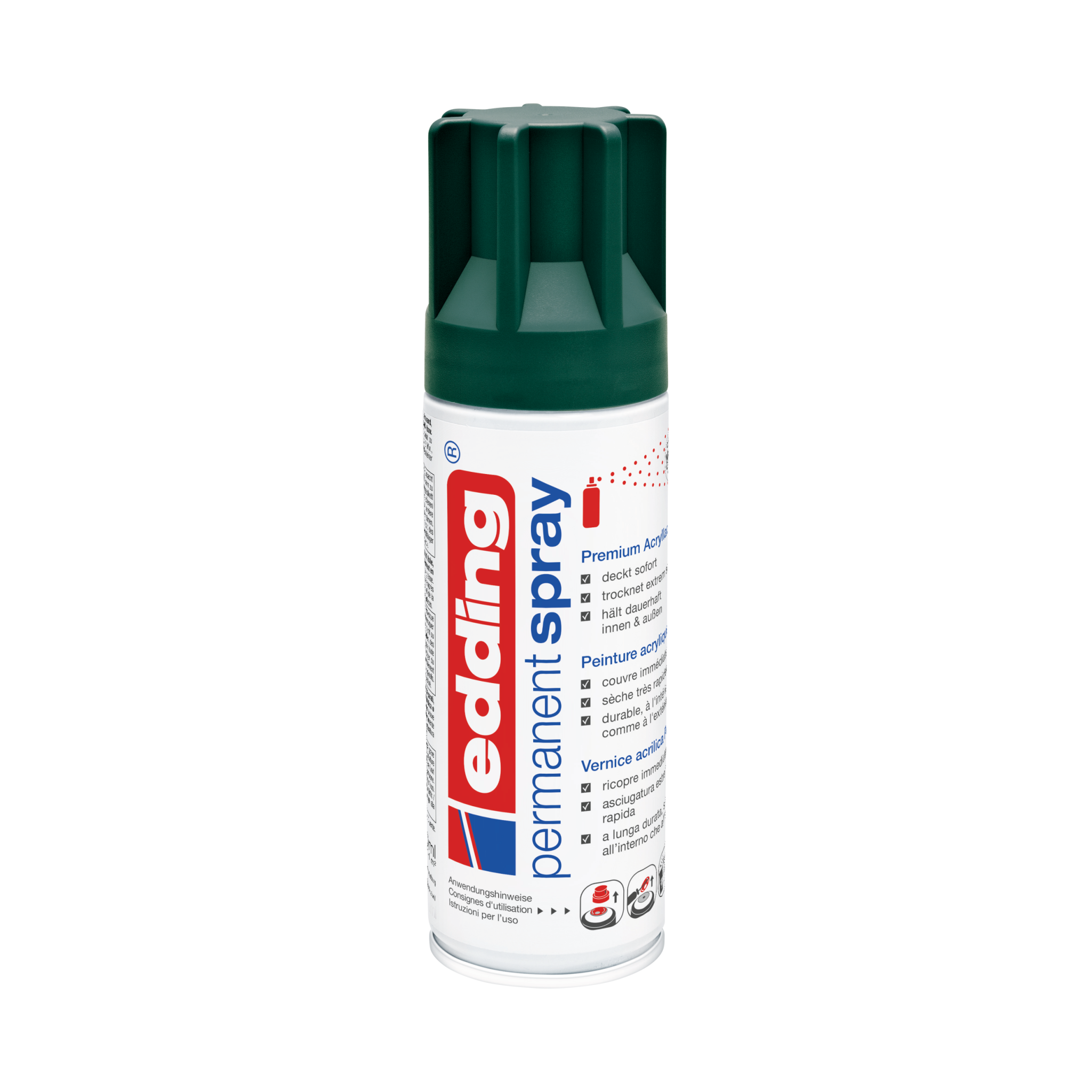 Eine Dose edding 5200 Permanentspray Acryllack Neon & Kräftige Farben-Sprühfarbe in Grün, konzipiert für die Anwendung auf verschiedenen Oberflächen mit einem deutschsprachigen Etikett.