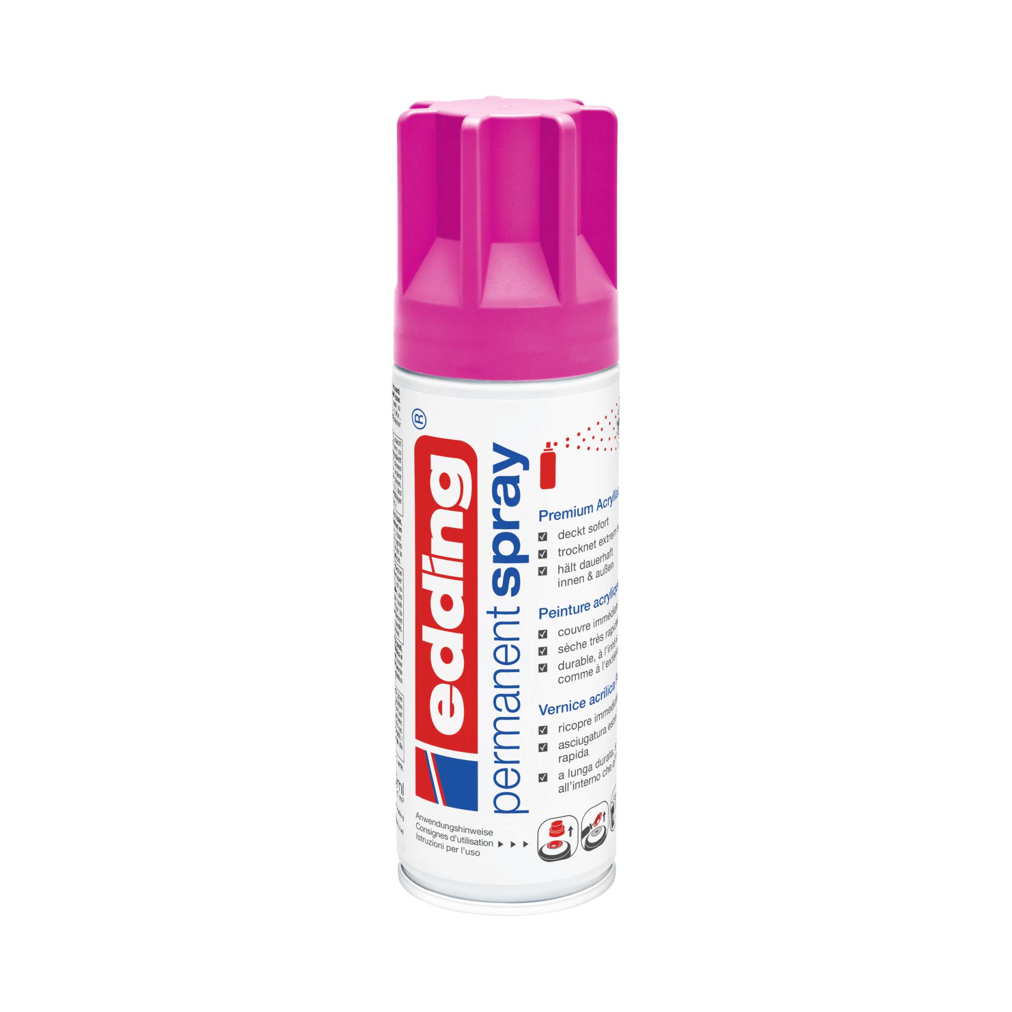 Eine Dose der Marke Edding, Edding 5200 Permanentspray Acryllack Neon & Kräftige Farben in Pink, isoliert auf weißem Hintergrund.