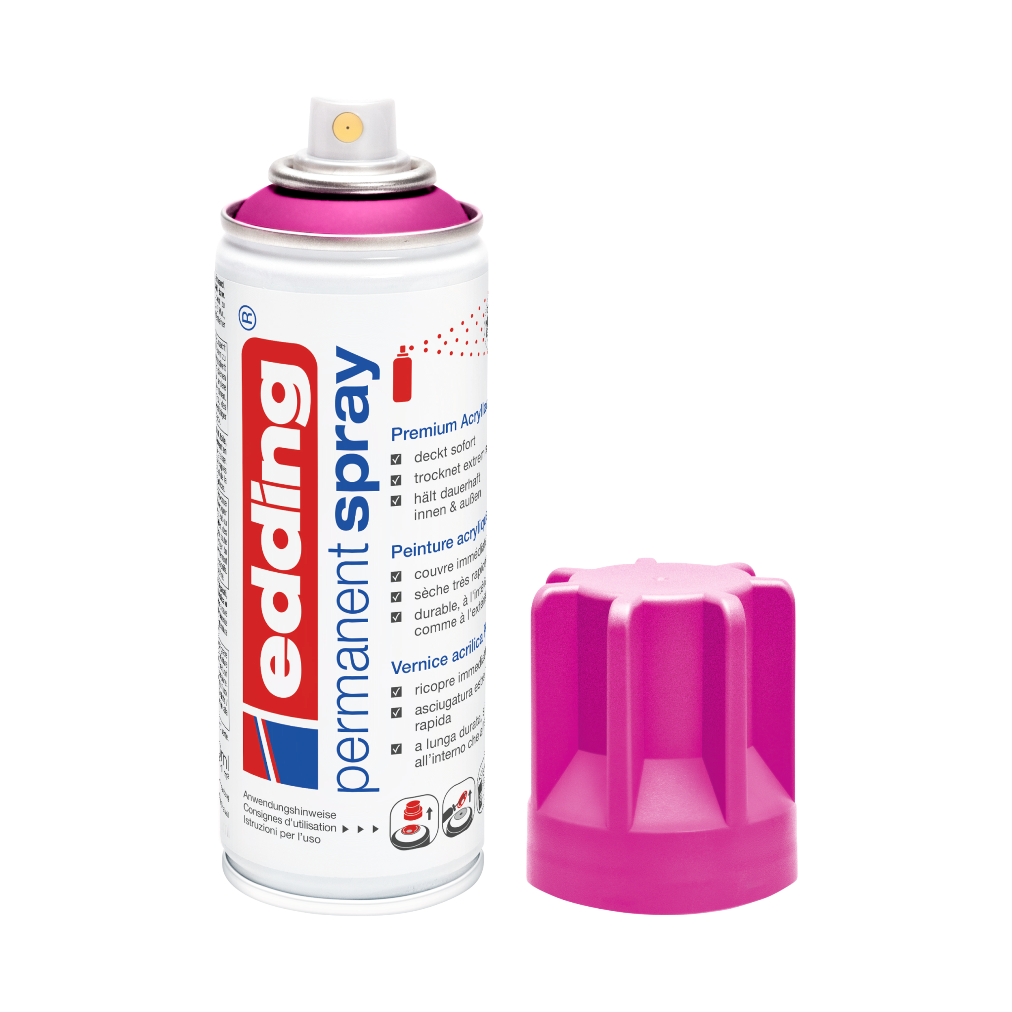 Weiße und rote edding 5200 Permanentspray Acryllack Neon & Kräftige Farben Lacksprühdose mit dem Markennamen „edding“ und einer abgelösten rosa Sprühdüsenkappe daneben.