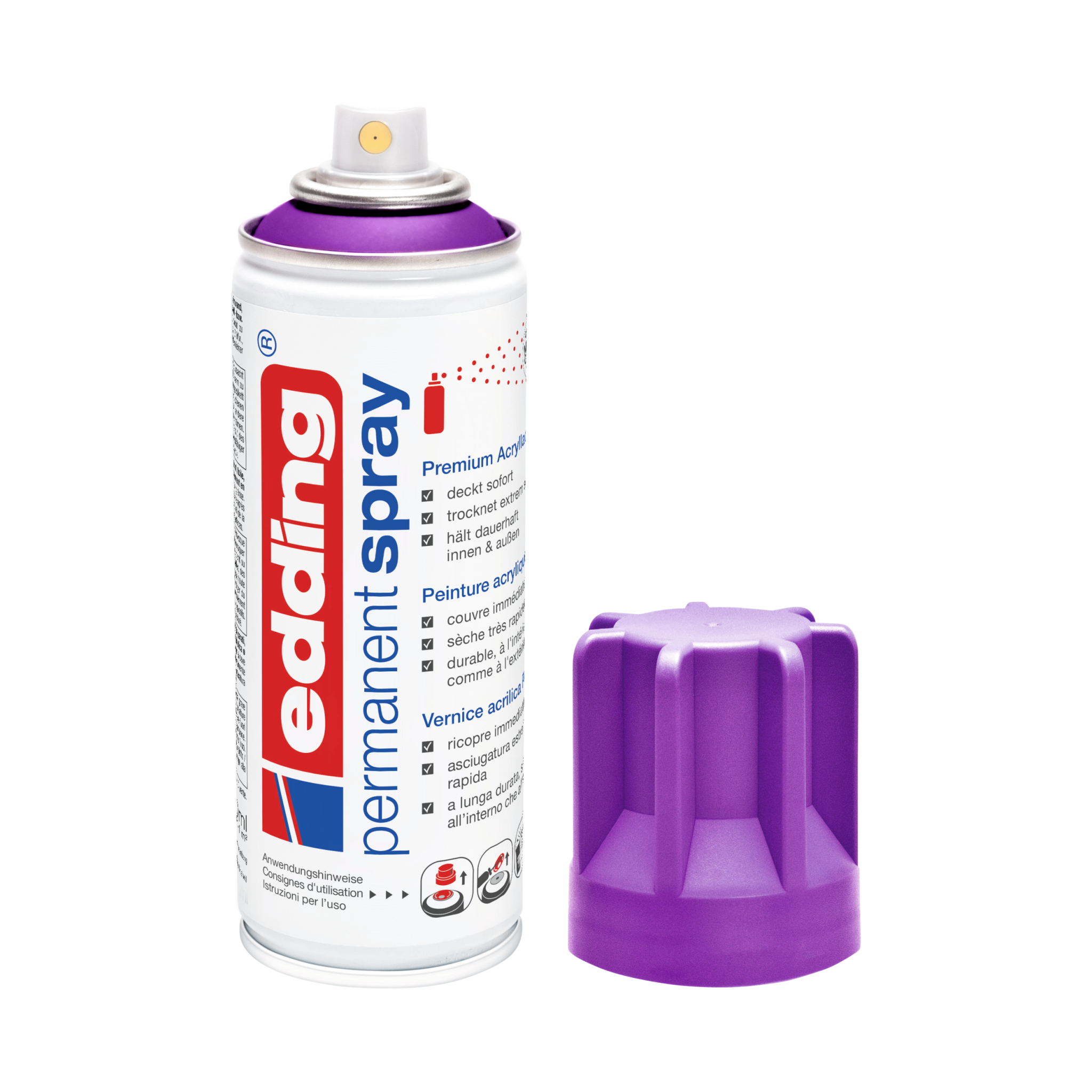 Eine Dose Permanentfarbe der Marke Edding 5200 Permanentspray Acryllack Neon & Kräftig Farben ohne Deckel auf weißem Untergrund.