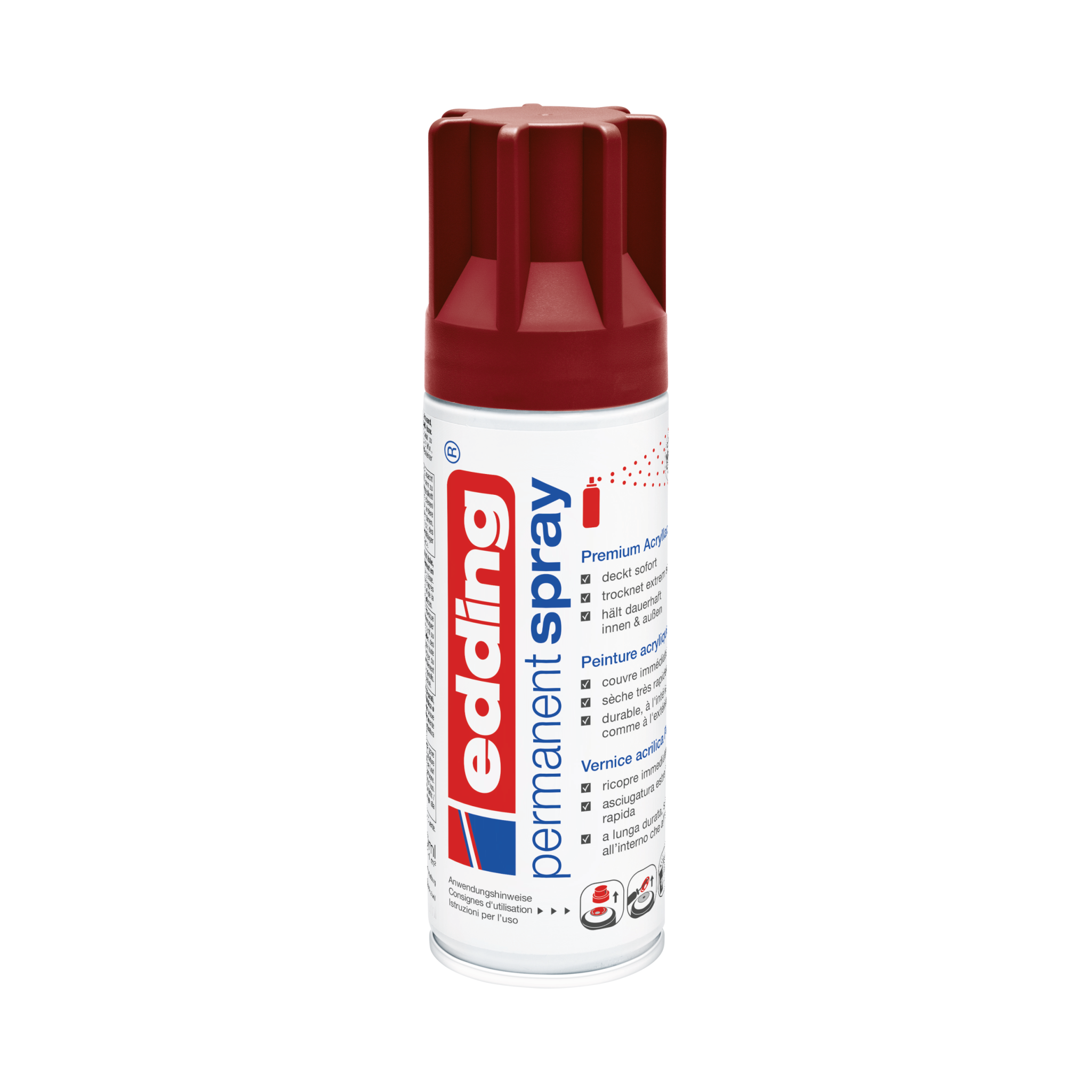 Eine Dose roter edding 5200 Permanentspray Acryllack Neon & kräftige Farben auf weißem Hintergrund.