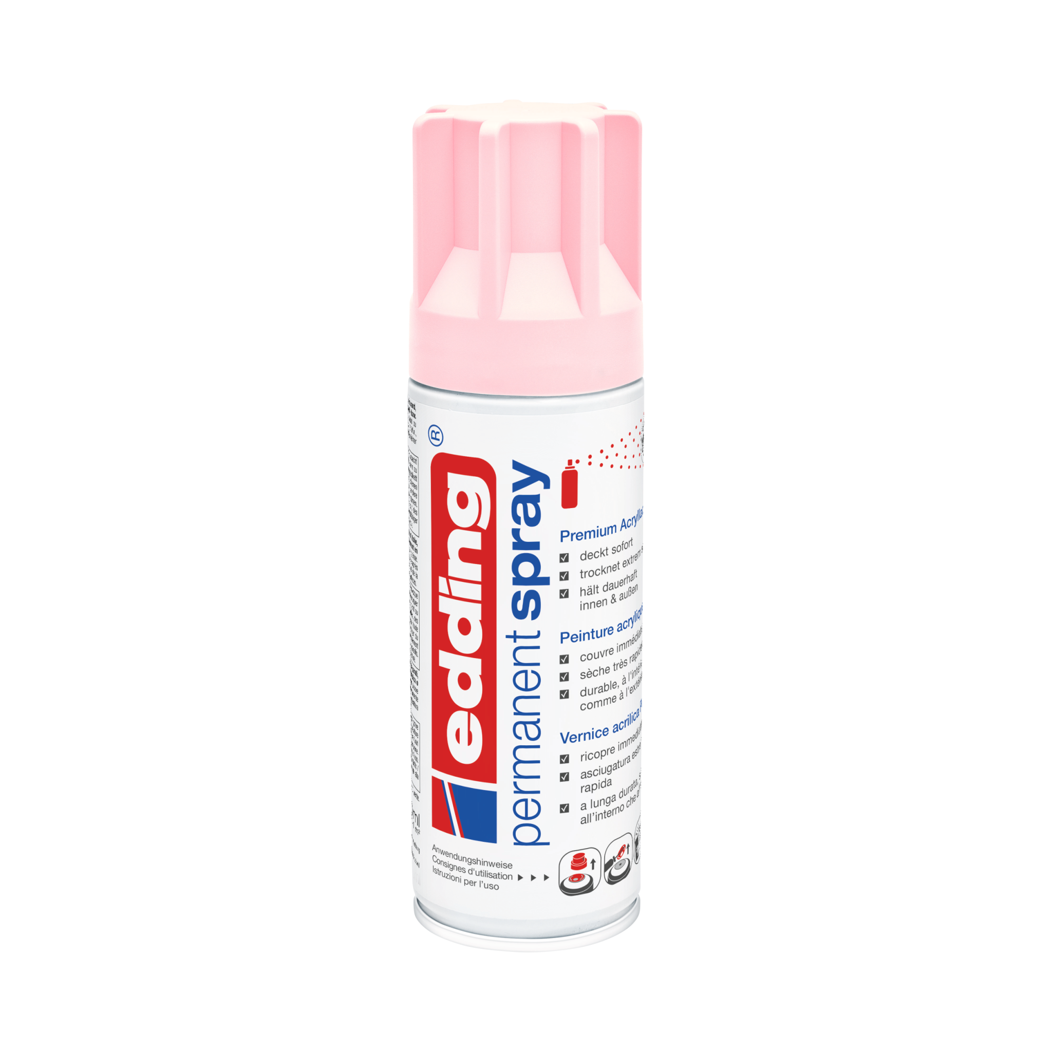 Eine Dosis edding 5200 Permanentspray Acryllack, pastellfarben und sanft, isoliert auf einem weißen Hintergrund.