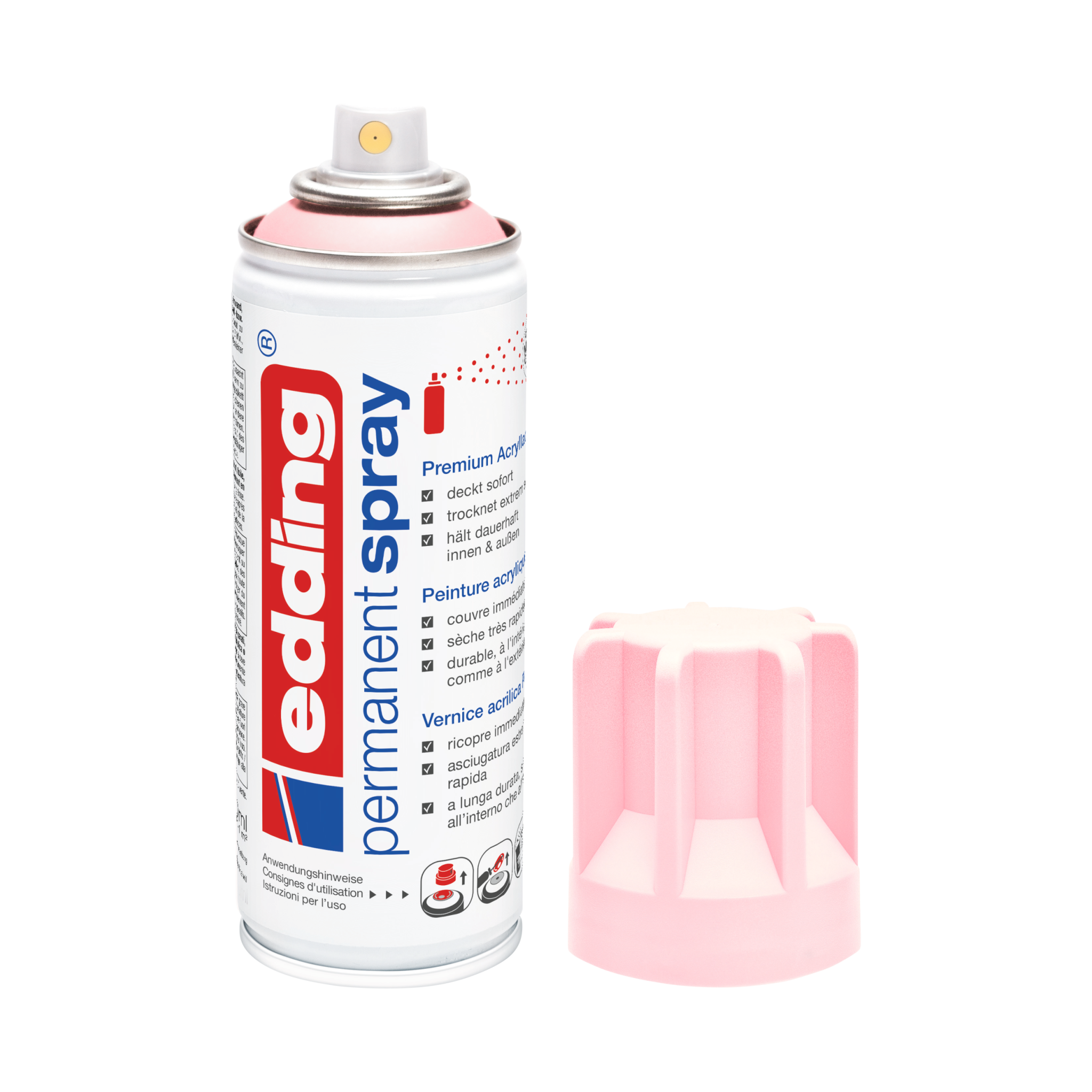 Eine Dose der Marke edding, edding 5200 Permanentspray Acryllack Pastell & sanfte Farben in Weiß, von der die Kappe abgenommen und zur Seite gelegt wurde.