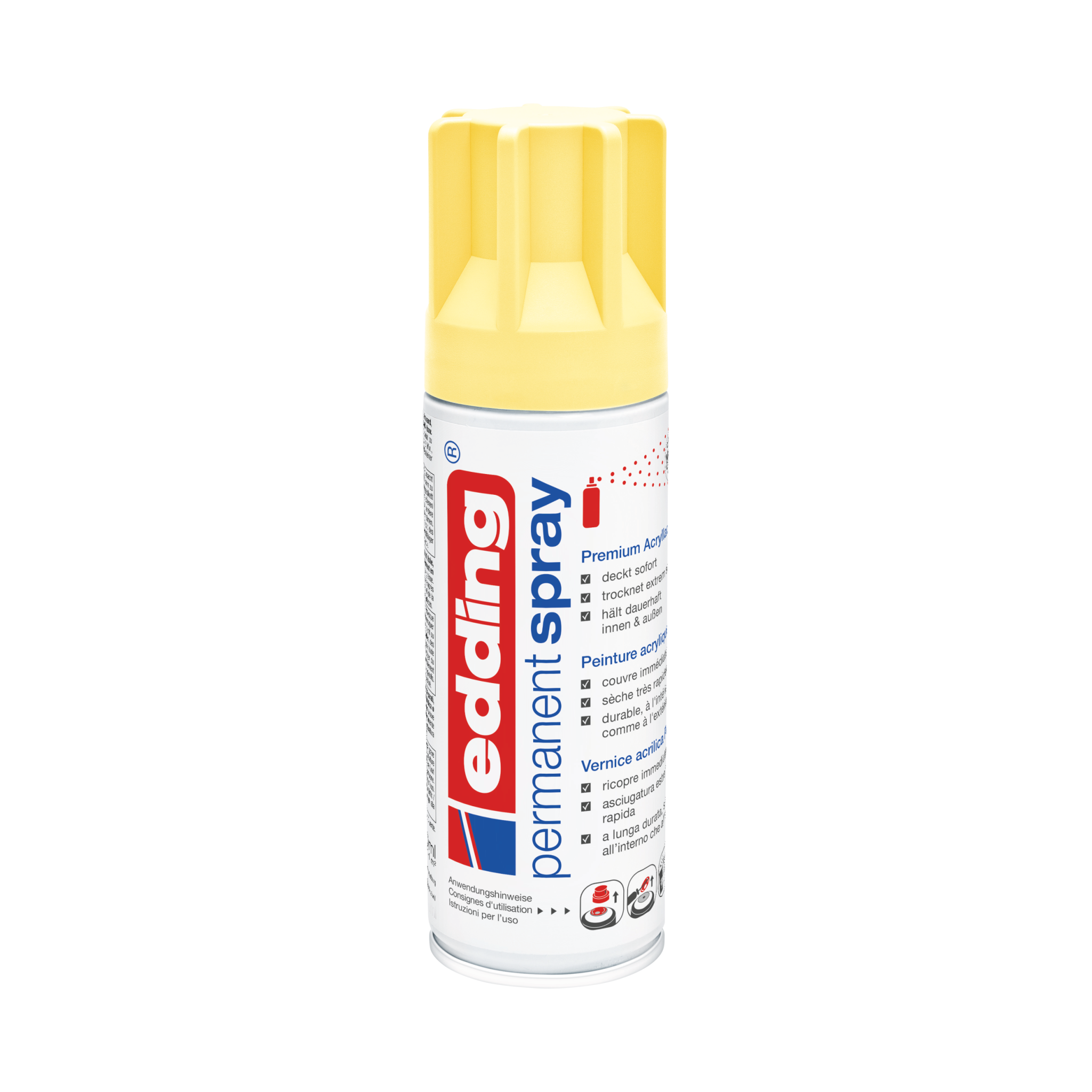 Eine Dose edding 5200 Permanentspray Acryllack Pastell & sanfte Farben in Gelb auf weißem Hintergrund.