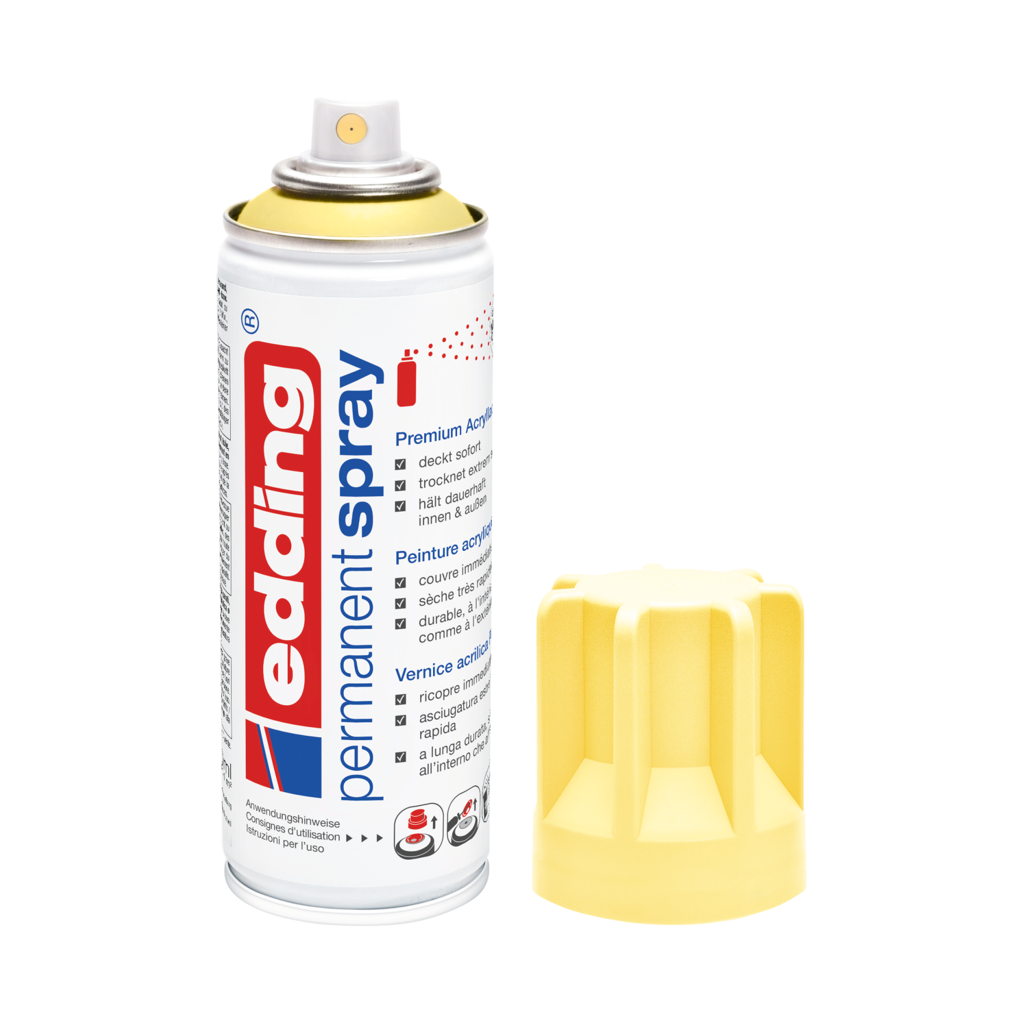 Daneben wurde eine Dose mit dem Permanentspray Acryllack edding 5200 der Marke Edding in der Farbe Pastellweiß platziert, deren gelbe Kunststoffkappe abgenommen wurde.