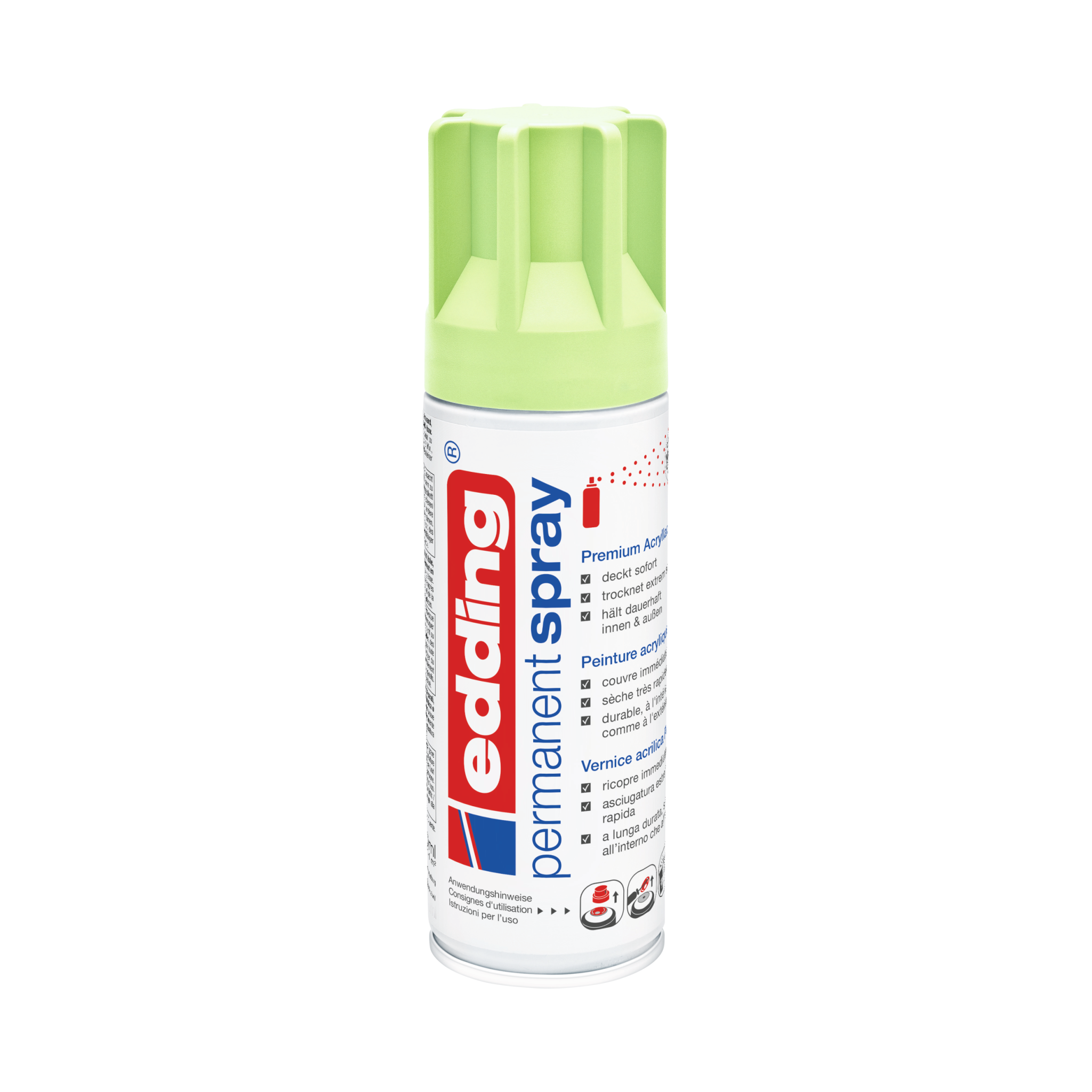 Eine Dose edding 5200 Permanentspray Acryllack Pastell & sanfte Farben in Grün auf weißem Hintergrund.