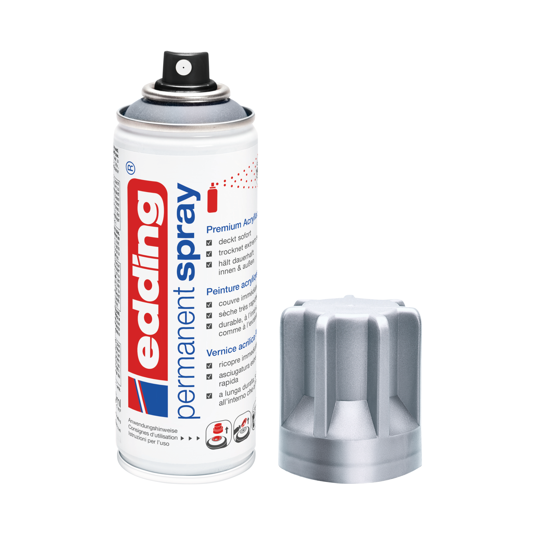 Eine Dose Permanentspray Metallic Acryllack der Marke Edding 5200 mit einer separaten Düsenkappe daneben, isoliert auf einem weißen Hintergrund.