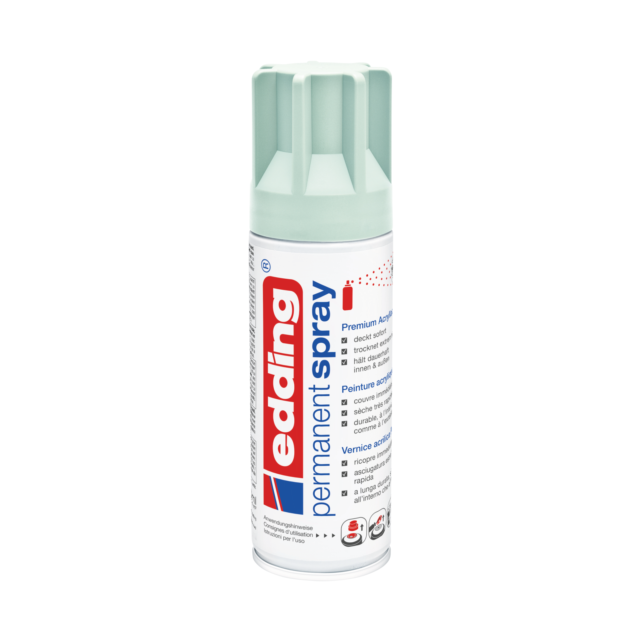 Eine Dosis edding 5200 Permanentspray Acryllack Pastell & sanfte Farben in Weiß, platziert vor einem reinweißen Hintergrund.