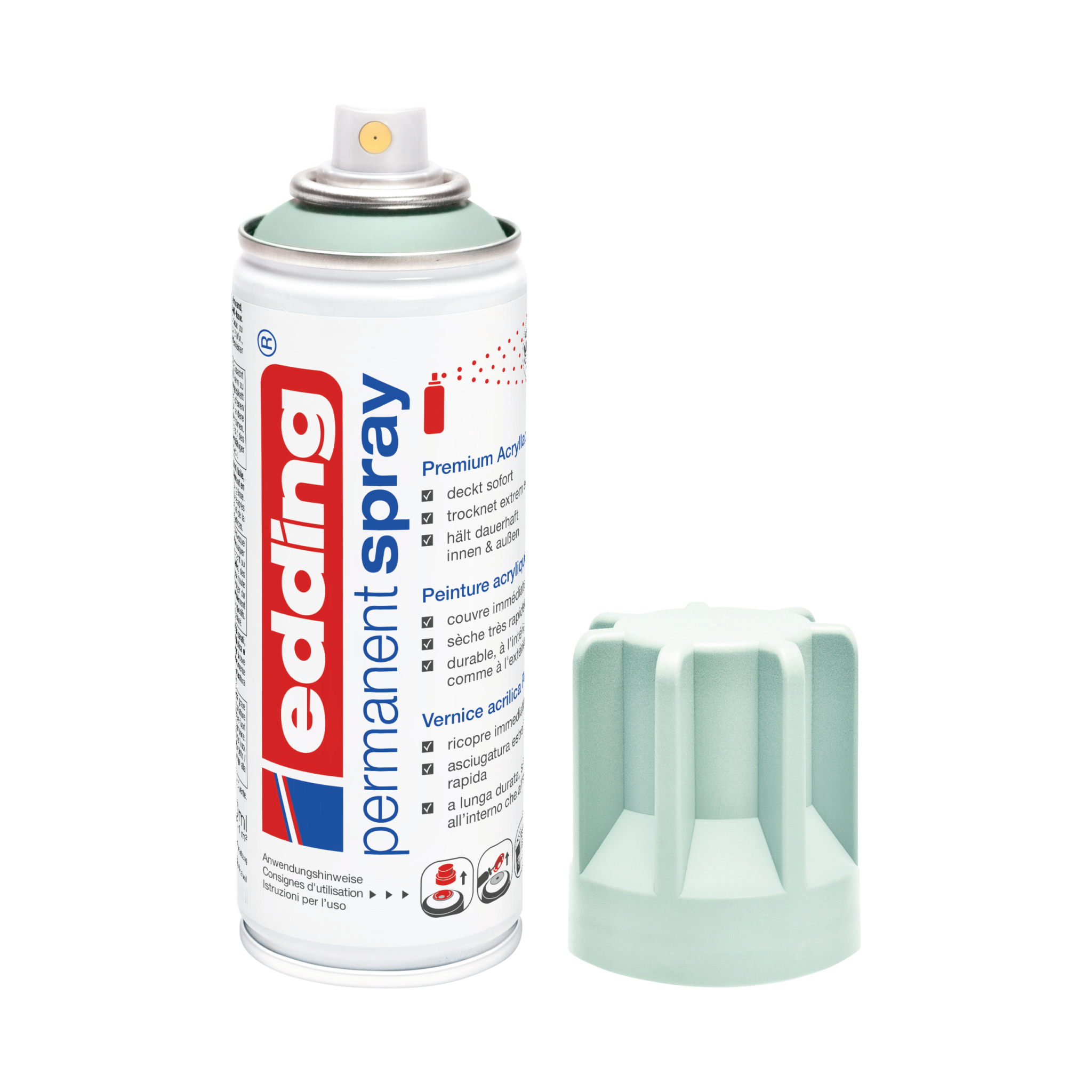 Eine Dose Edding 5200 Permanentspray Acryllack Pastell & sanfte Farben in Weiß, deren Deckel abgenommen und daneben platziert wurde.