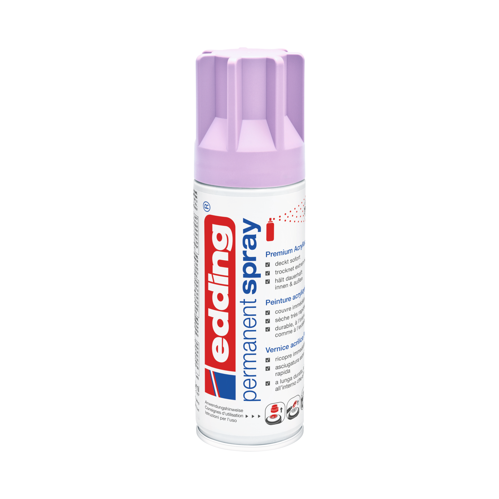 Eine Dose edding 5200 Permanentspray Acryllack Pastell & sanfte Farben in einem violetten Farbton auf weißem Hintergrund.