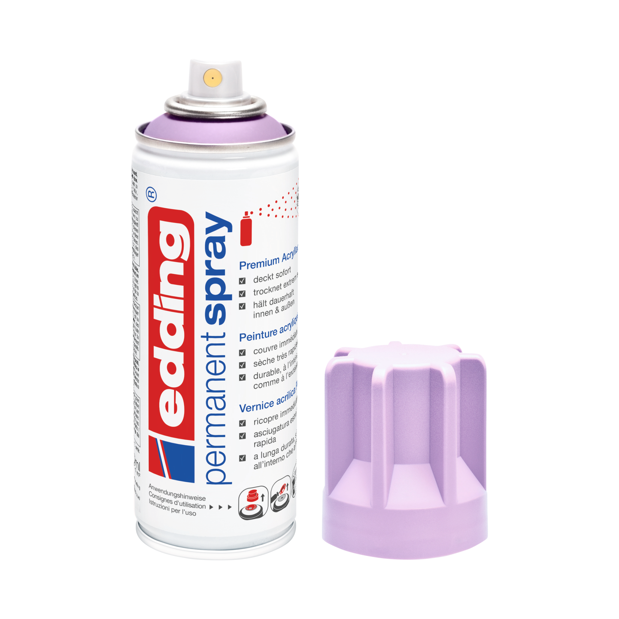 Eine Dose der Marke Edding 5200 Permanentspray Acryllack Pastell & sanfte Farben in Weiß, von der die Schutzkappe abgenommen und daneben platziert wurde.