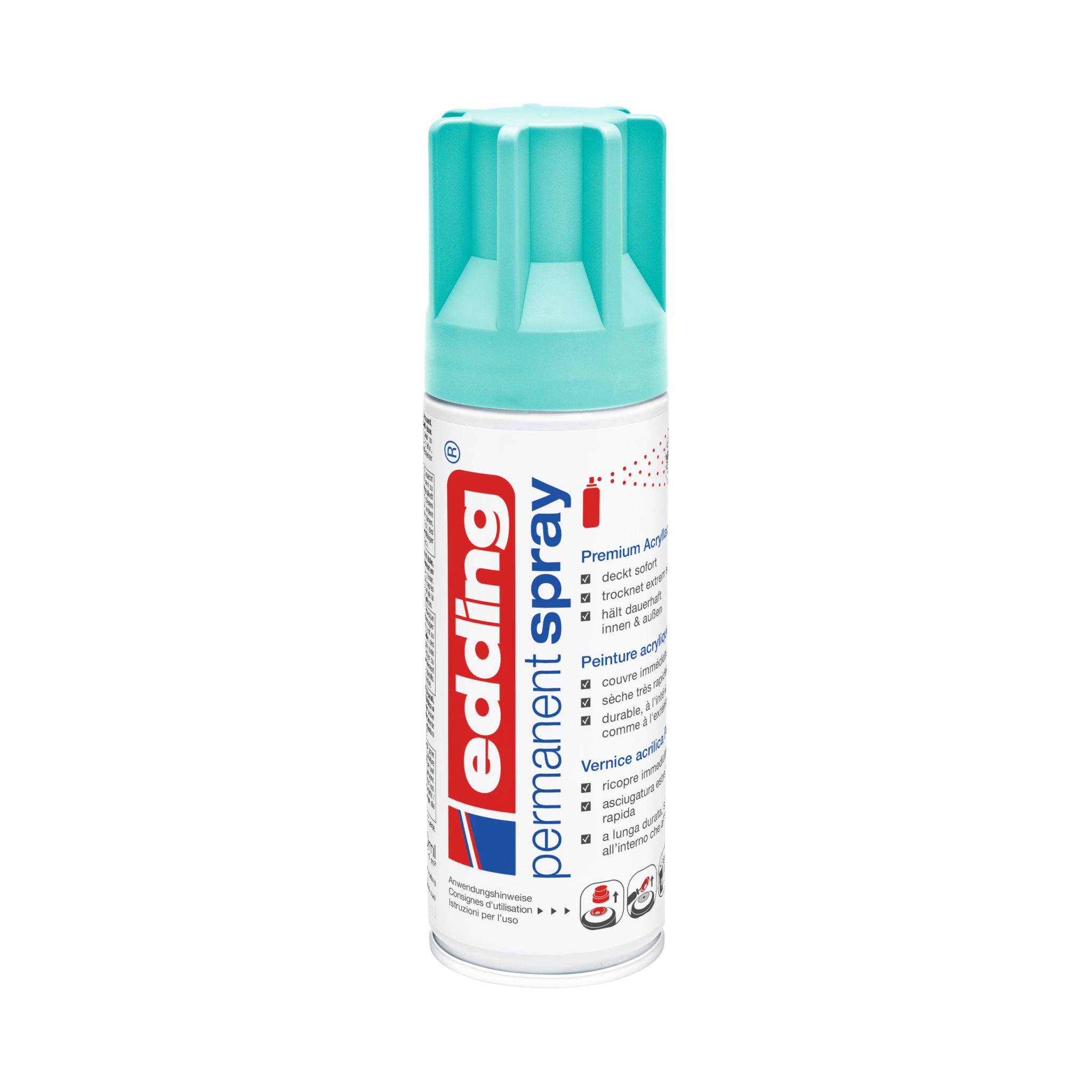 Eine Dose edding 5200 Permanentspray Acryllack Neon & kräftige Farben in Mintfarbe auf weißem Hintergrund.