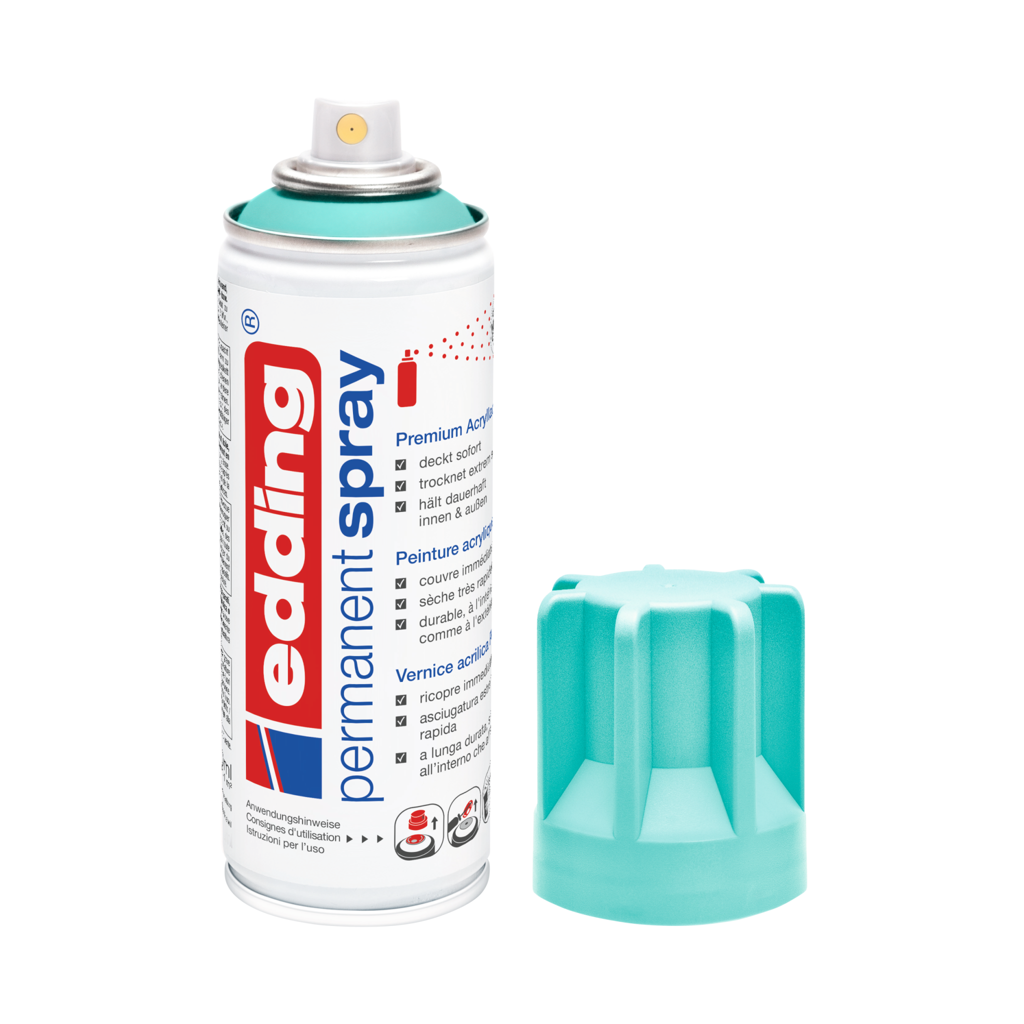 Eine Dose der Marke Edding, edding 5200 Permanentspray Acryllack Neon & kräftige Farben, in Weiß mit abgenommener Kappe, vor einem weißen Hintergrund.