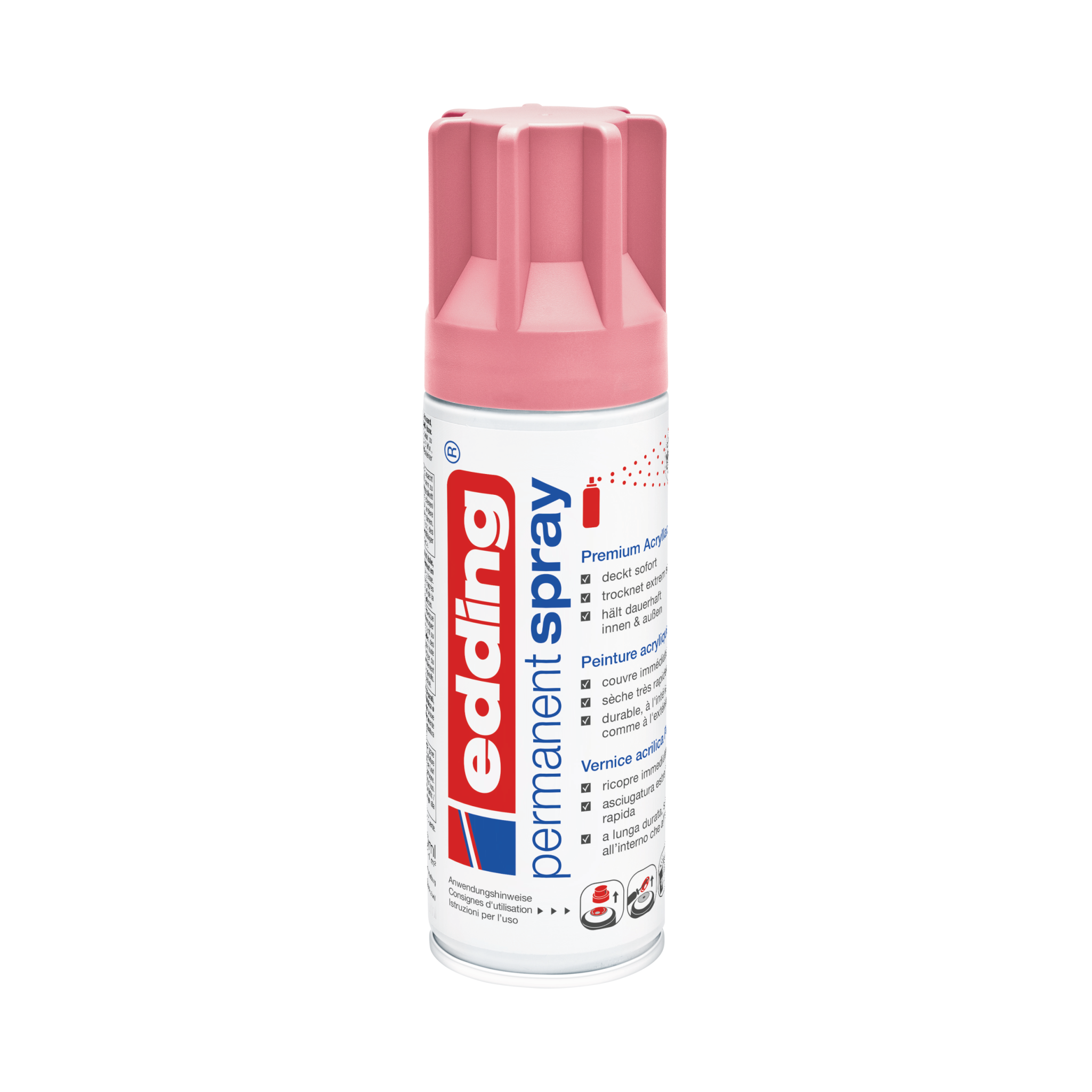 Eine Dose edding 5200 Permanentspray Acryllack in leuchtendem Pink mit mehrsprachiger Beschriftung, die auf die Premium-Qualitätsmerkmale für Mal- und Heimwerkerprojekte hinweist.