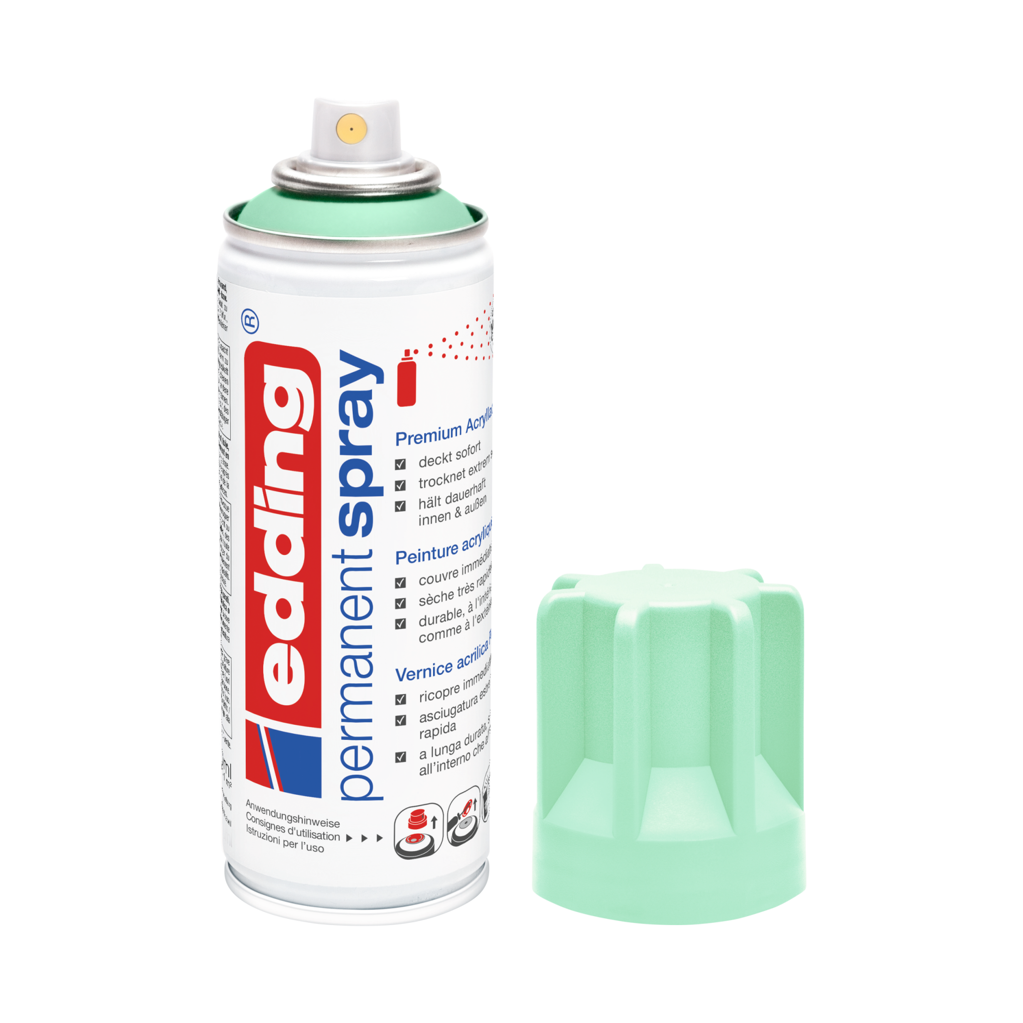 Eine Dose Permanentspray Acryllack Pastell & sanfte Farben der Marke Edding 5200, Sprühfarbe, mit abgenommener Kappe daneben platziert, isoliert auf einem weißen Hintergrund.