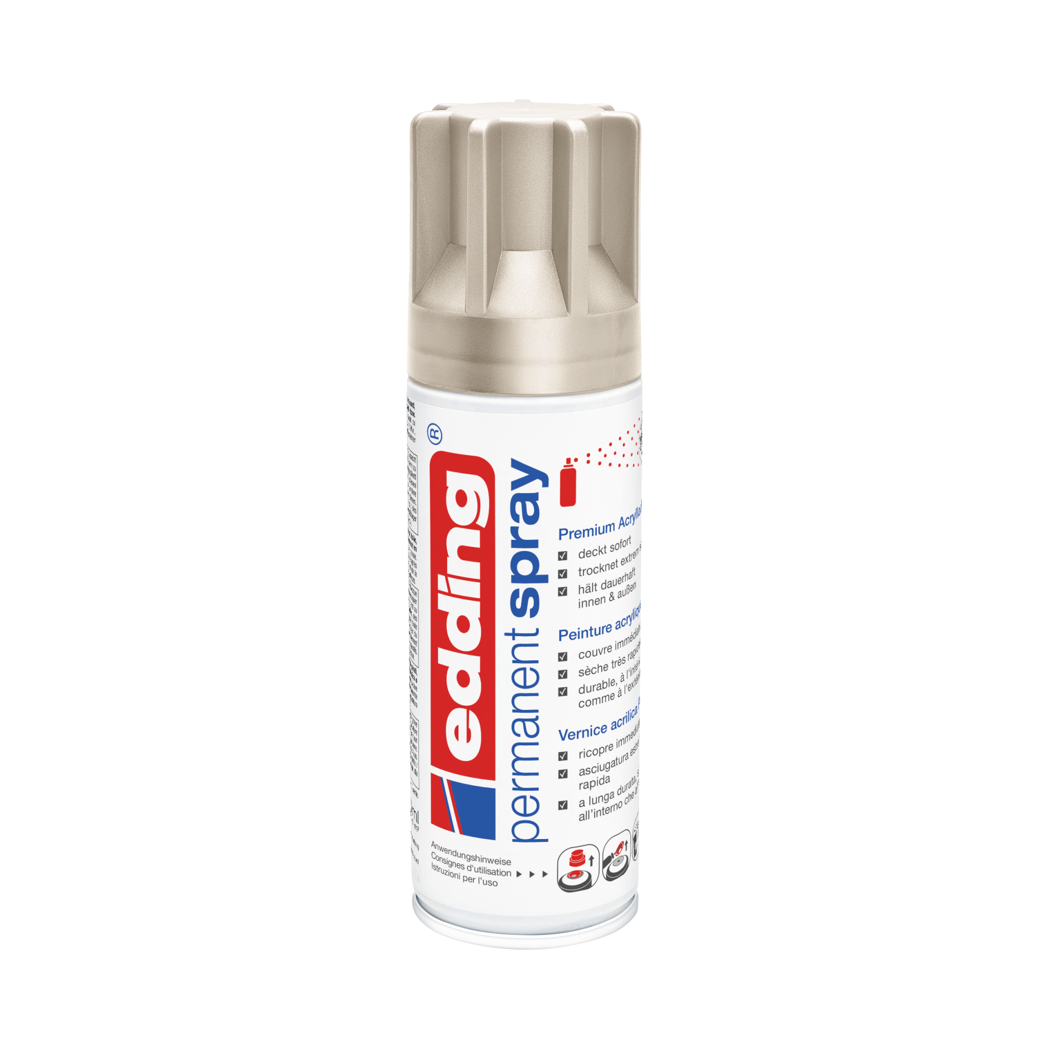 Eine Dose edding 5200 Permanentspray Metallic Acryllack (Permanentfarbe) in einer neutralen Farbe vor einem weißen Hintergrund.