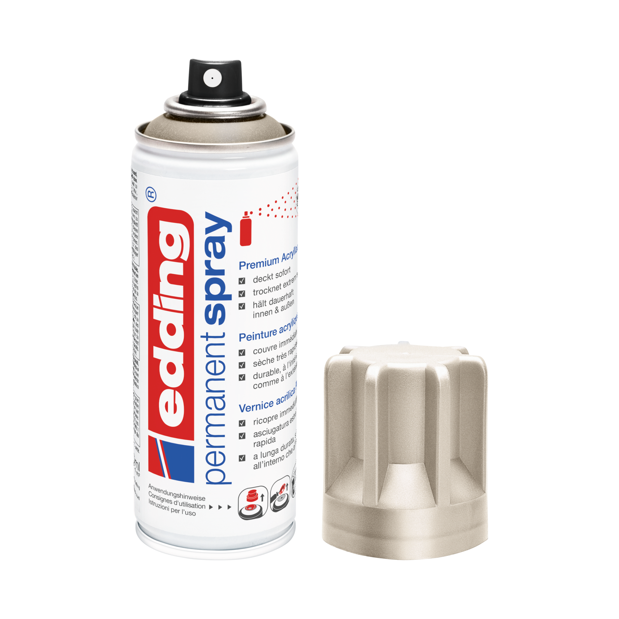 Satz mit ersetztem Produkt:

Eine Dose edding 5200 Permanentspray Metallic Acryllack mit abgenommener Kappe, isoliert auf weißem Hintergrund.