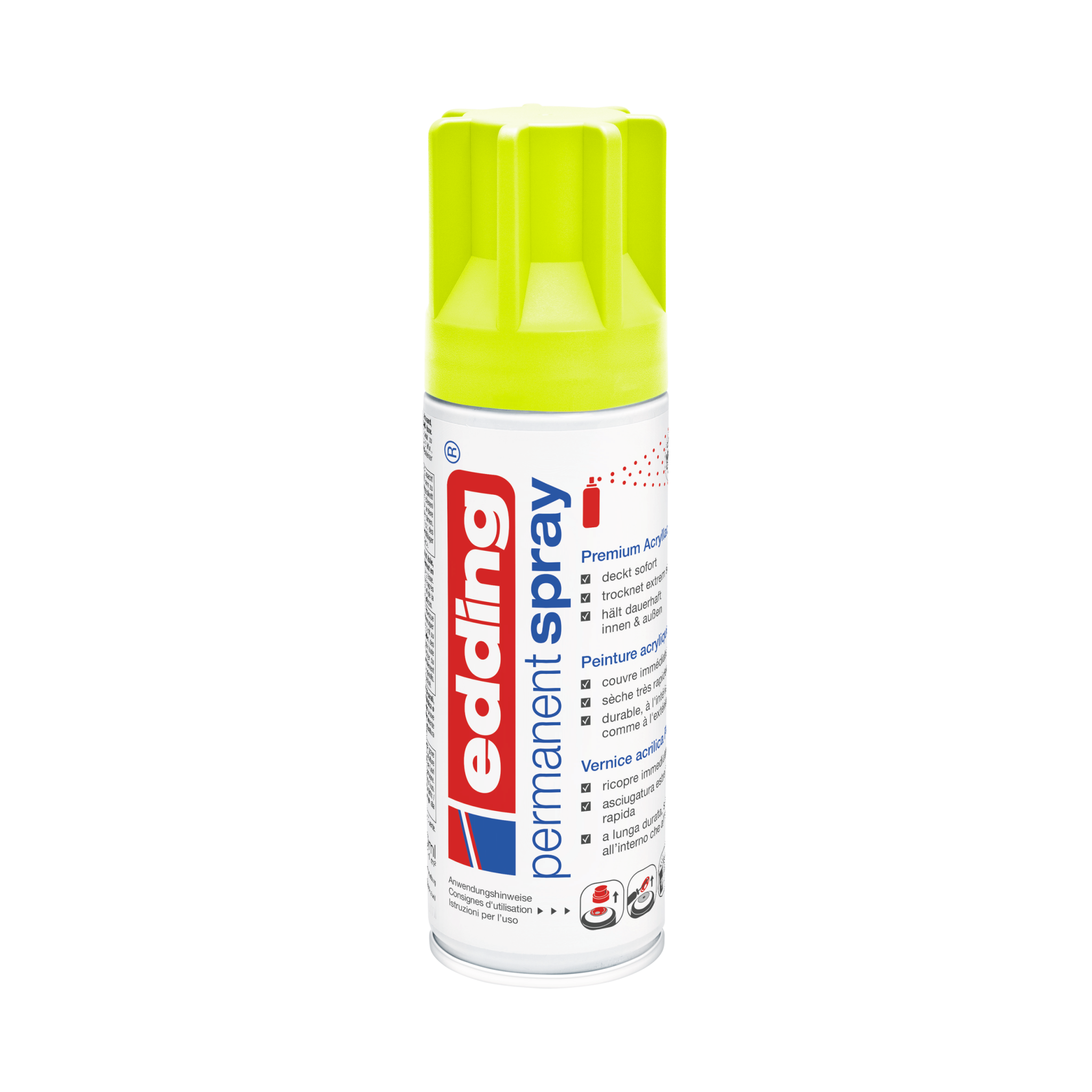 Eine Spraydose mit edding 5200 Permanentspray Acryllack Neon & kräftige Farben in leuchtendem Design, das auf seine lebendigen und dauerhaften Malfähigkeiten hinweist.