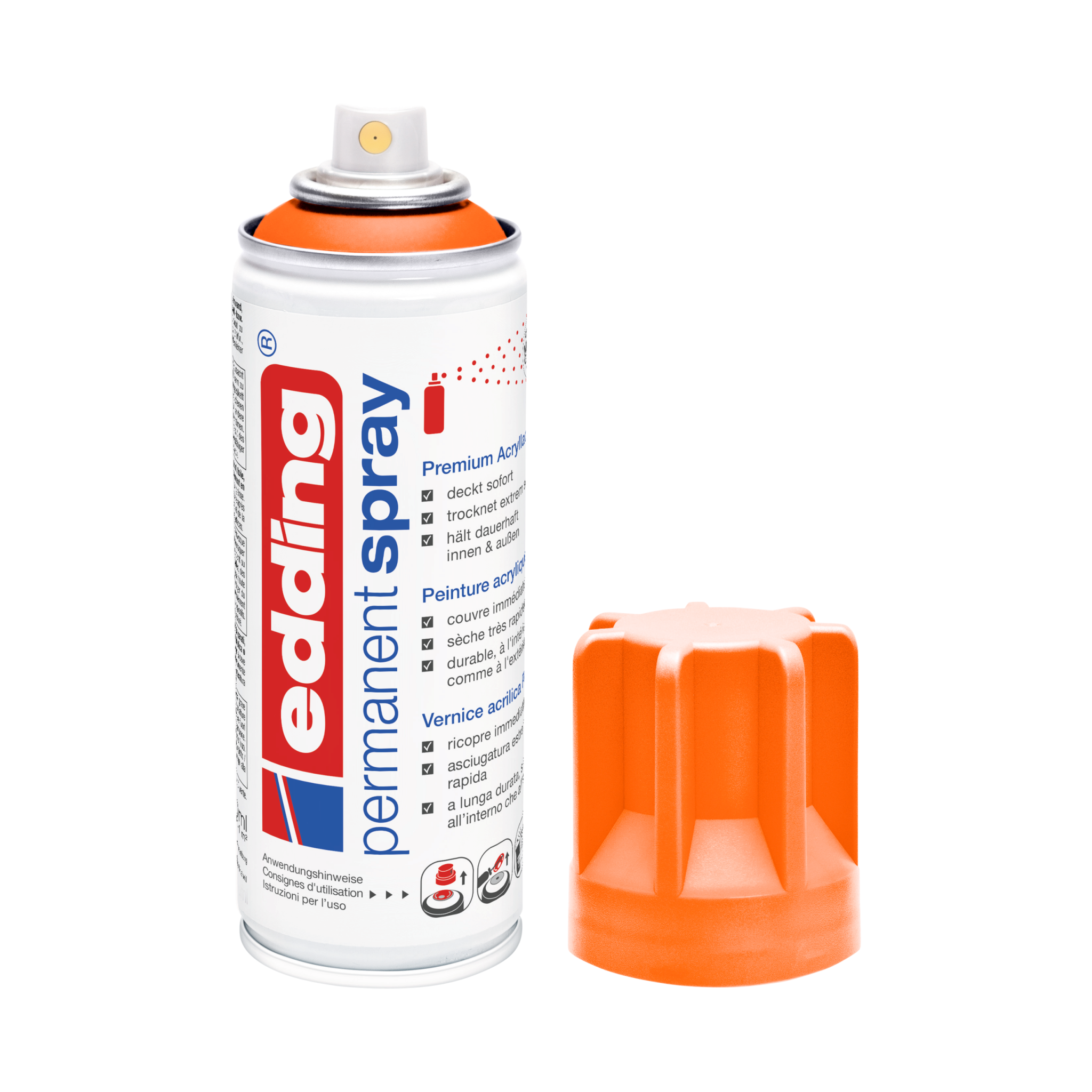 Eine Dosis edding 5200 Permanentspray Acryllack Neon & kräftige Farben mit entfernter Kappe, isoliert auf weißem Hintergrund.