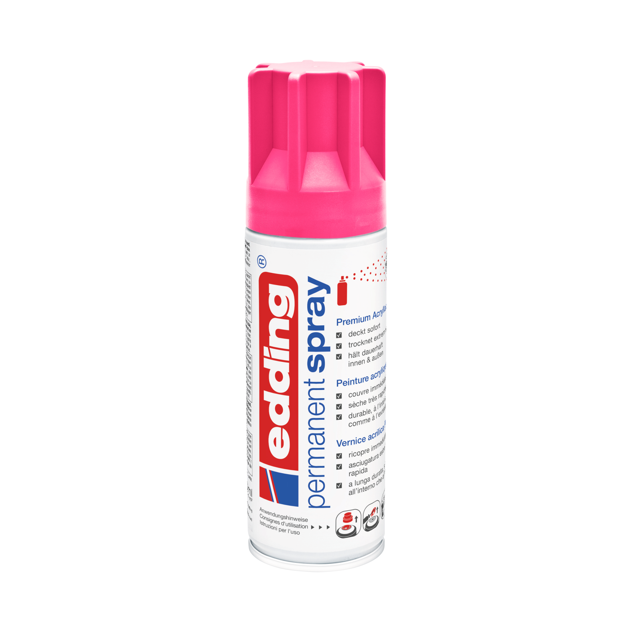 Eine Dose edding 5200 Permanentspray Acryllack Neon & Kräftige Farben-Sprühfarbe in Pink mit rosa Kappe, isoliert auf weißem Hintergrund.