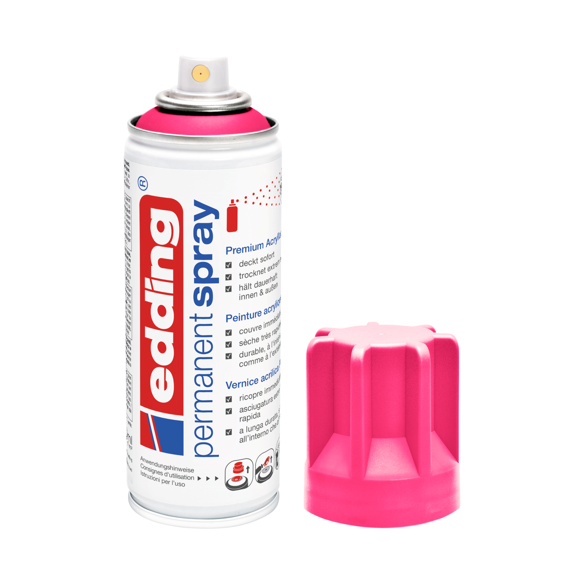 Dose edding 5200 Permanentspray Acryllack Neon & Kräftig Farben mit abgenommener Kappe, isoliert auf weißem Hintergrund.